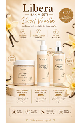 Pure Love Care Sweet Vanilla Vücut Spreyi + Vücut Losyonu + Vücut Peelingi