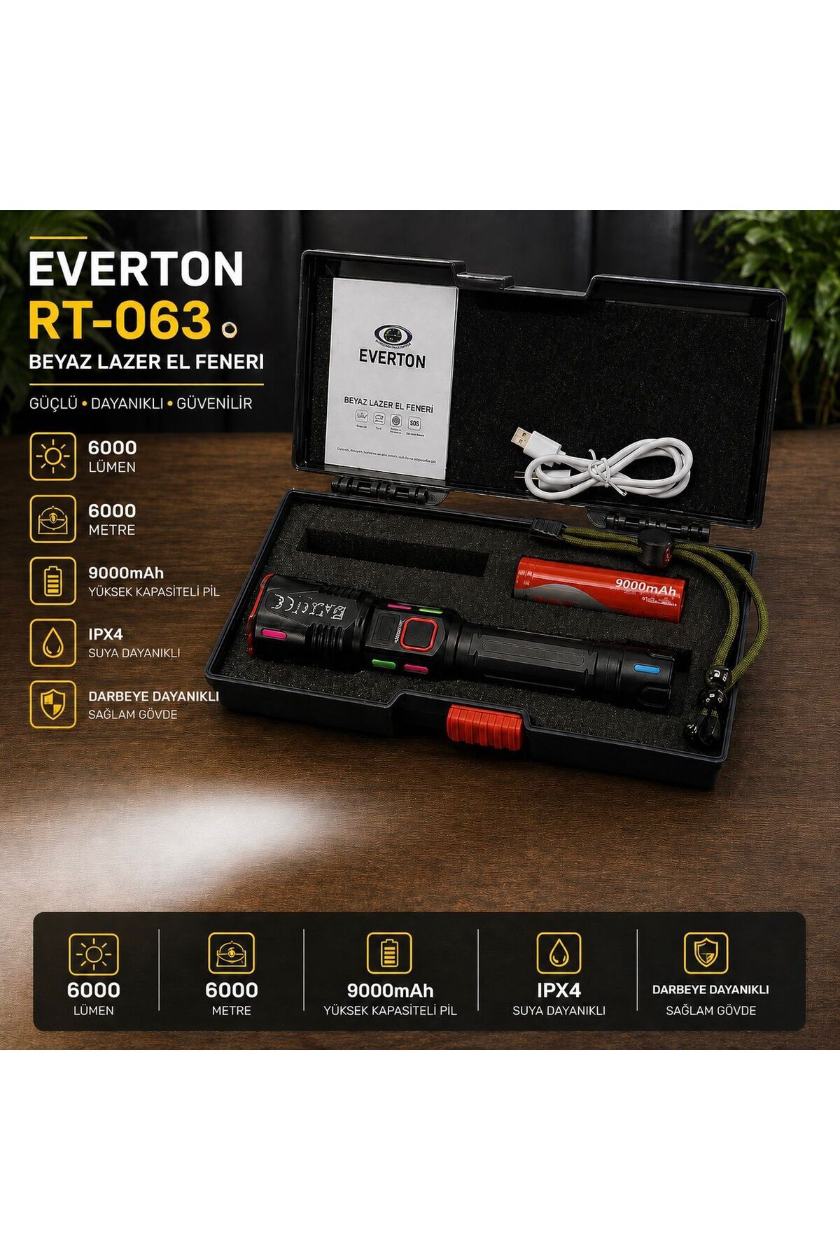 MEMİTA 063B LED Zoomlu Metal El Feneri Seti – 18650 9000mAh Şarjlı