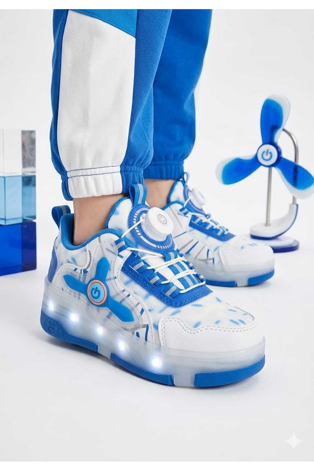 Kids Skate Roller Skating Auto Lace Up Illuminated Sneaker Shoes-White Sax