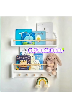 Sef moda 50 Cm 2’li Montessori Askılıklı Duvar Rafı Kitaplık Beyaz Mdf