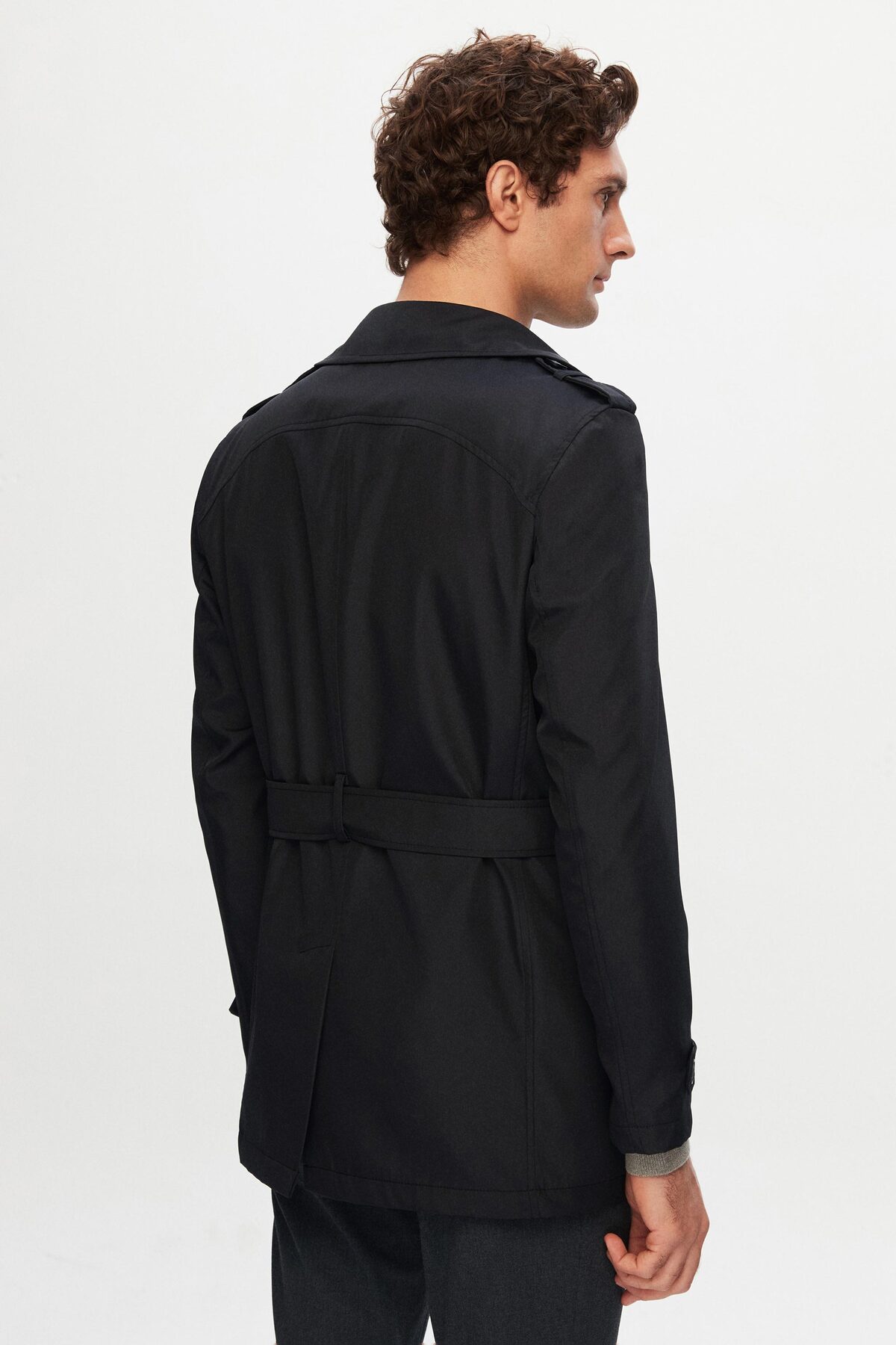 D'S Damat Ds Damat Regular Fit Siyah Apoletli Beli Kemerli Pardösü/Trenckot görsel 3