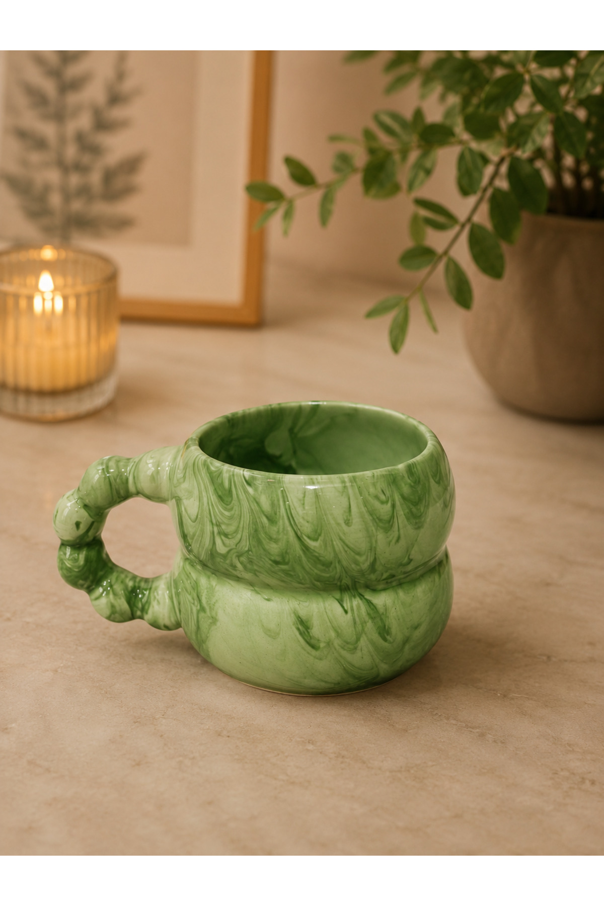 Bead Handle GREEN EBRULI PATTERNED Handmade Ceramic Mug