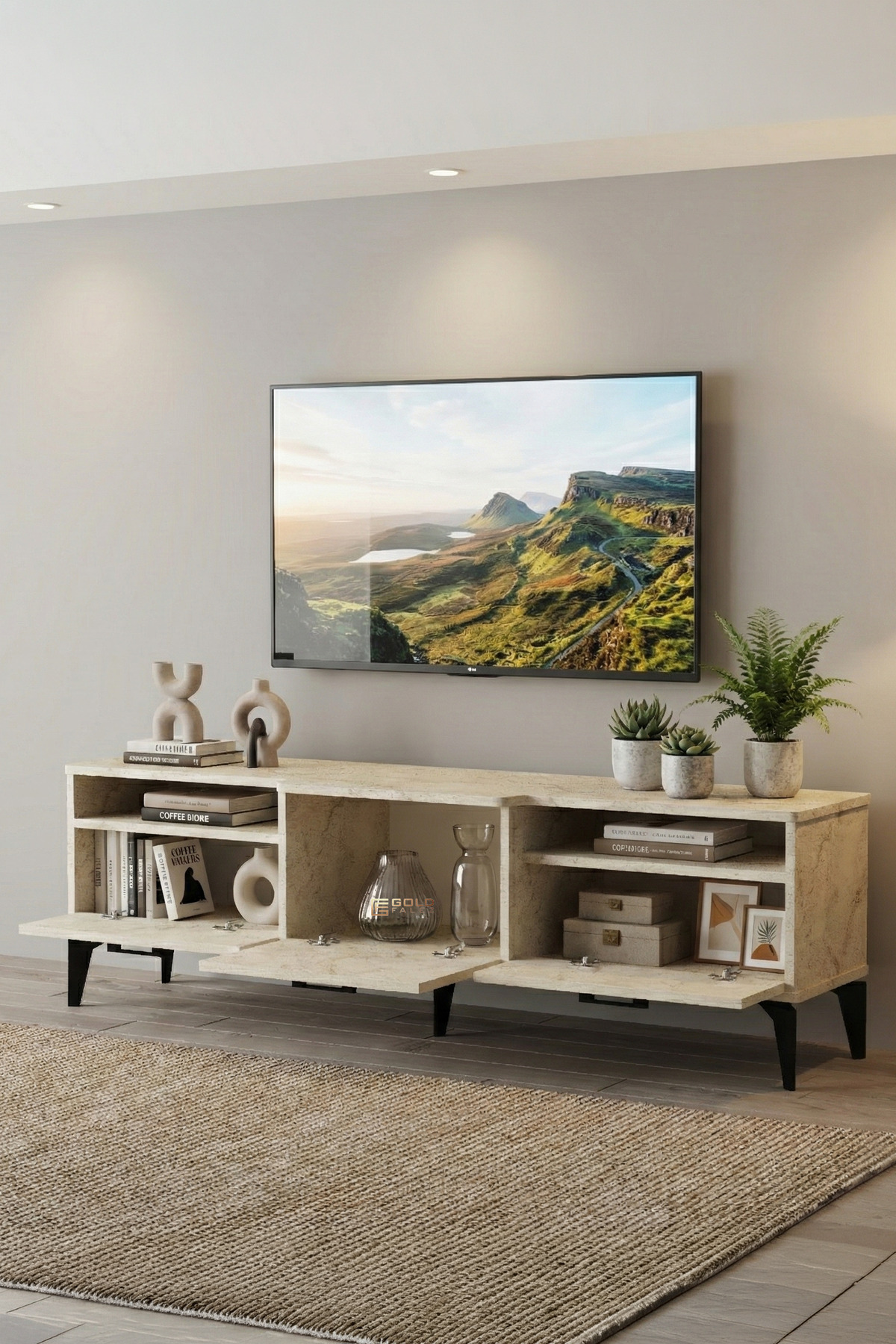 Goldfalez Mistral TV Sehpası Suntalam Ekru 160x40 cm görsel 2