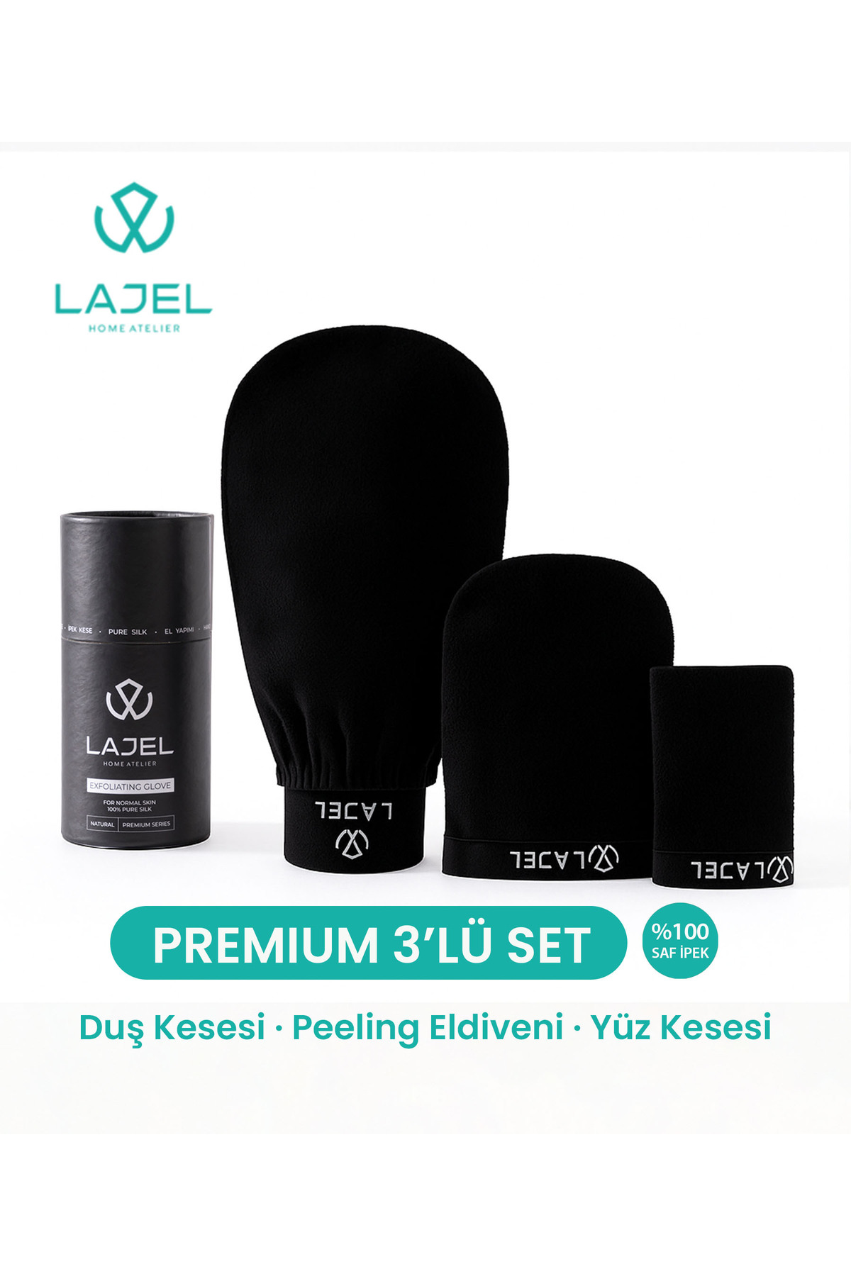 Lajel Premium Siyah 3'lü Kese Seti, Peeling Eldiveni, Yüz Kesesi Floş Ipek Normal,orta,hassas Ciltle