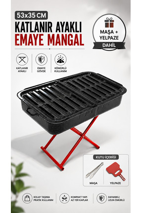 Kampavm Mangal Seti 53x35 cm Katlanır Ayaklı Emaye Kömürlü Mangal