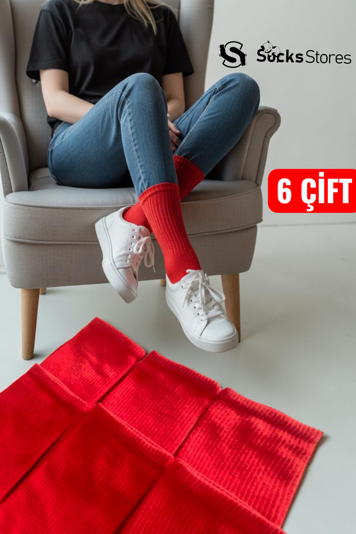 Socks Stores 6 Çift Unisex Pamuklu Soket Çorap - Kırmızı Renkli Tenis Boy Çorap görsel 2