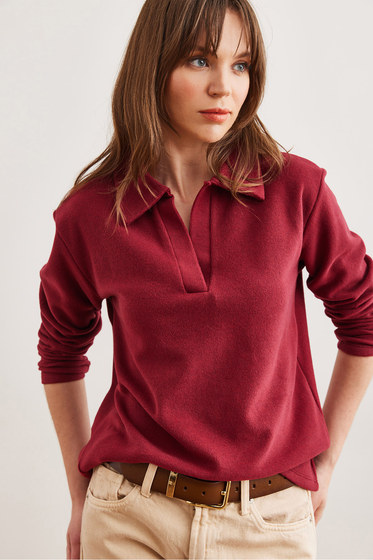 Olalook Kadın Bordo Polo Yaka Selanik Bluz BLZ-19002810 görsel 2