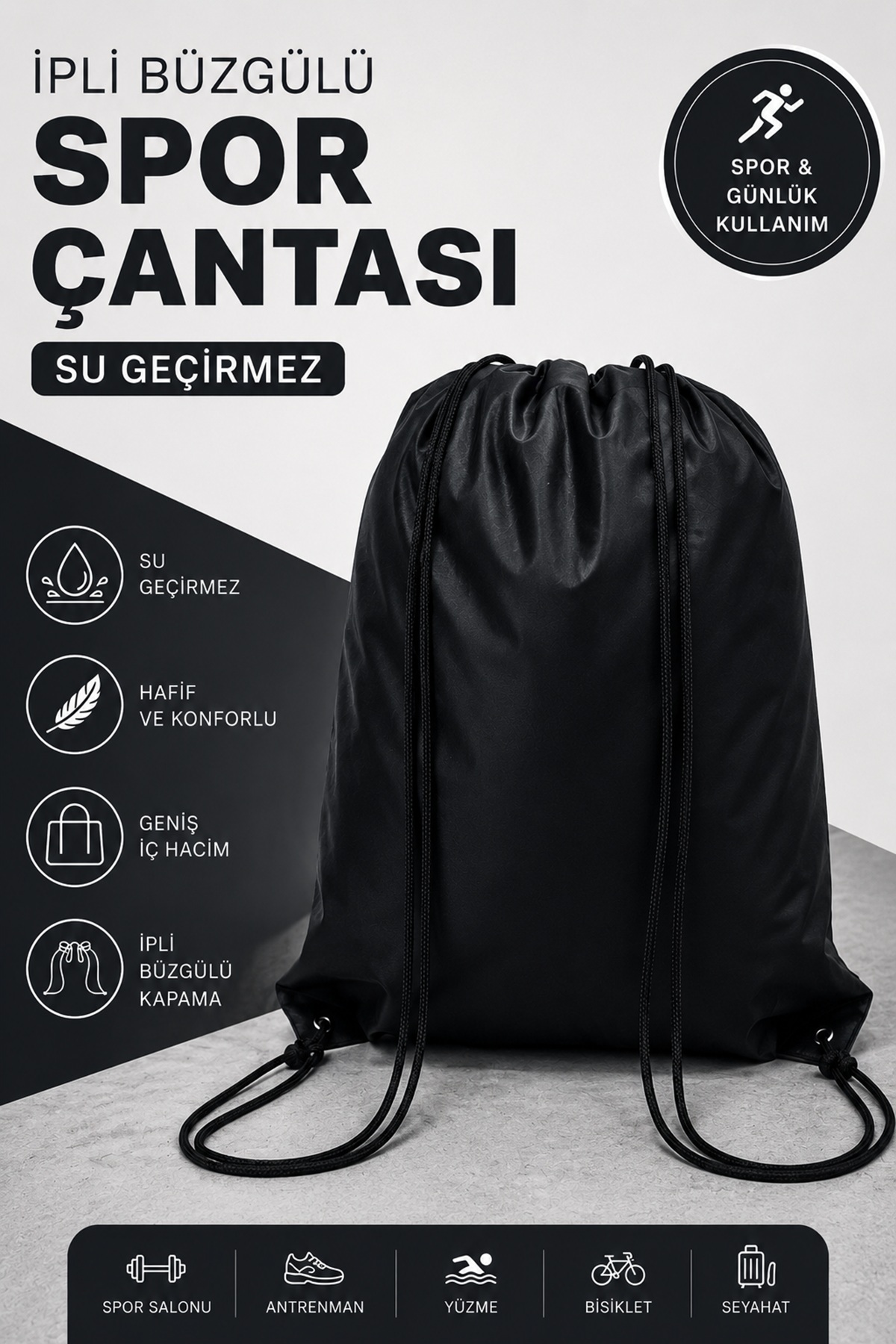 Ferzin Su Geçirmez İpli Büzgülü Profesyonel Spor Çantası - Gym, Fitness ve Antrenman Sırt Çantası - Siyah