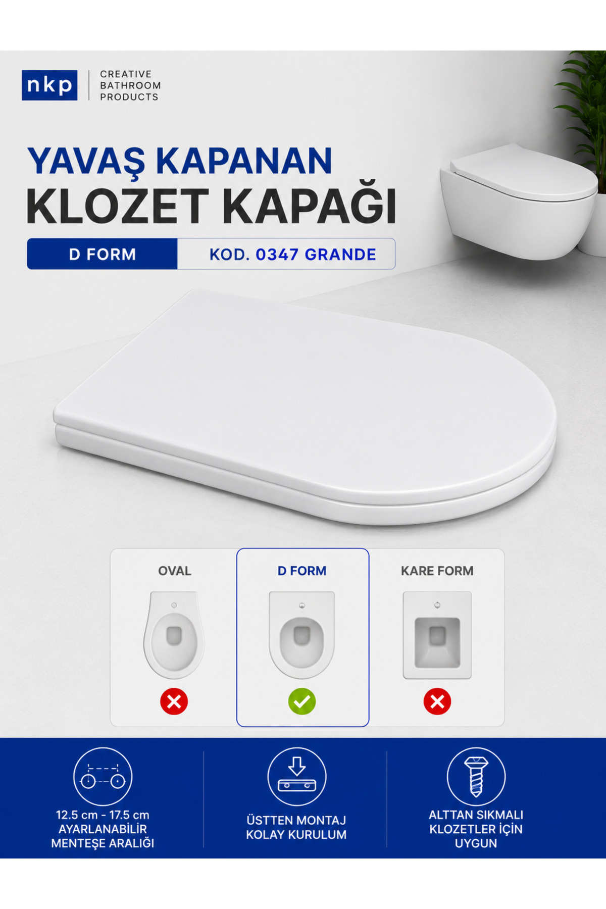 Grande & Belt Compatible D-Form Toilet Seat | Slow Close, Easy Disassemble-Plug