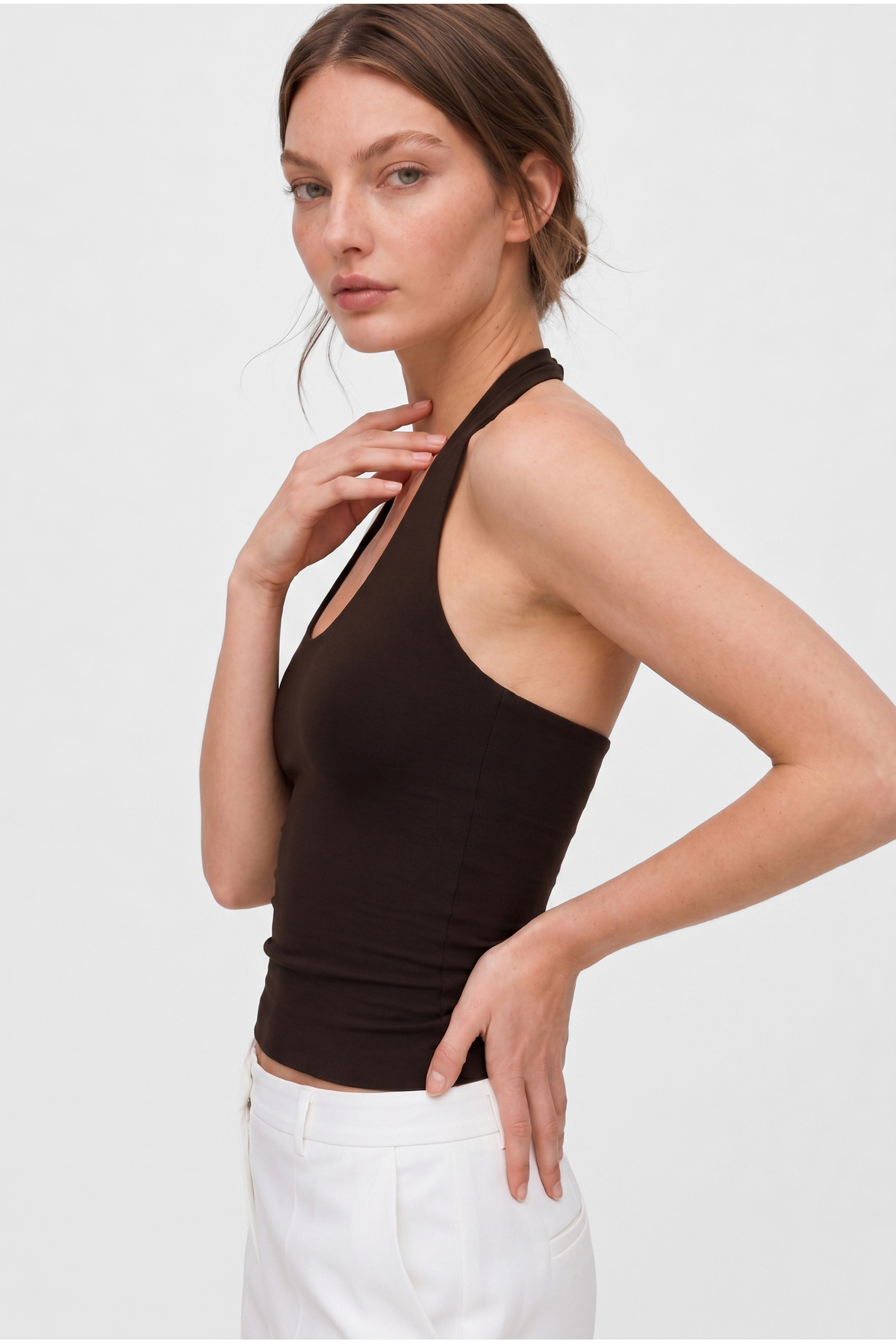 OLYNN  Kahverengi Ultra Premium Soft Halter Yaka Çift Kat Top Body - Görsel 2