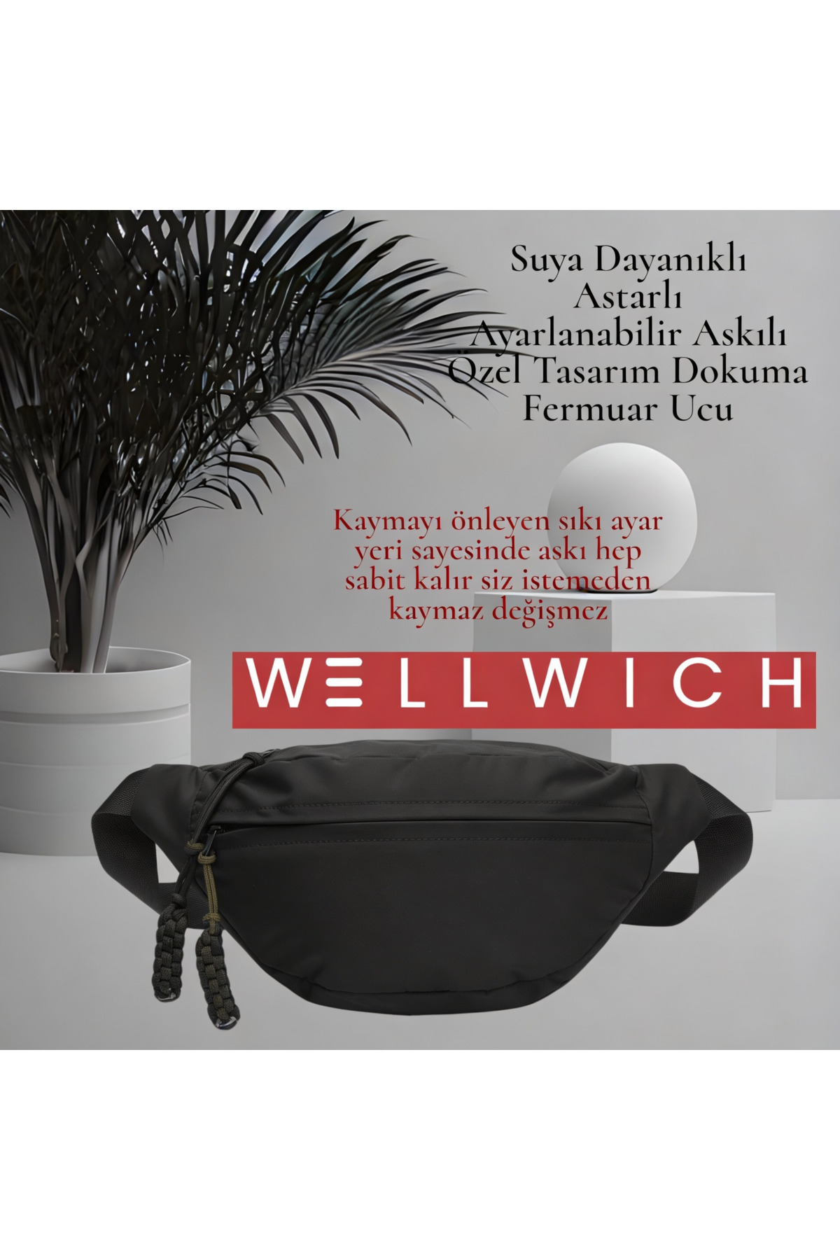 wellwich Siyah Çapraz Çanta-Siyah Yeşil Örgü Uçlu- Bel Çantası Spor Çantası Ultra Hafif Suya Dayanıklı