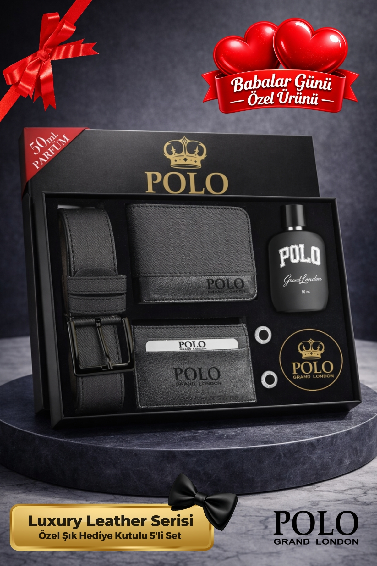 POLOGRAND London 5'li Set Kutulu Babalar Günü Hediyesi İçin Babaya Hediyelik Kol Düğmesi Parfüm Kemer Cüzdan Kartlık
