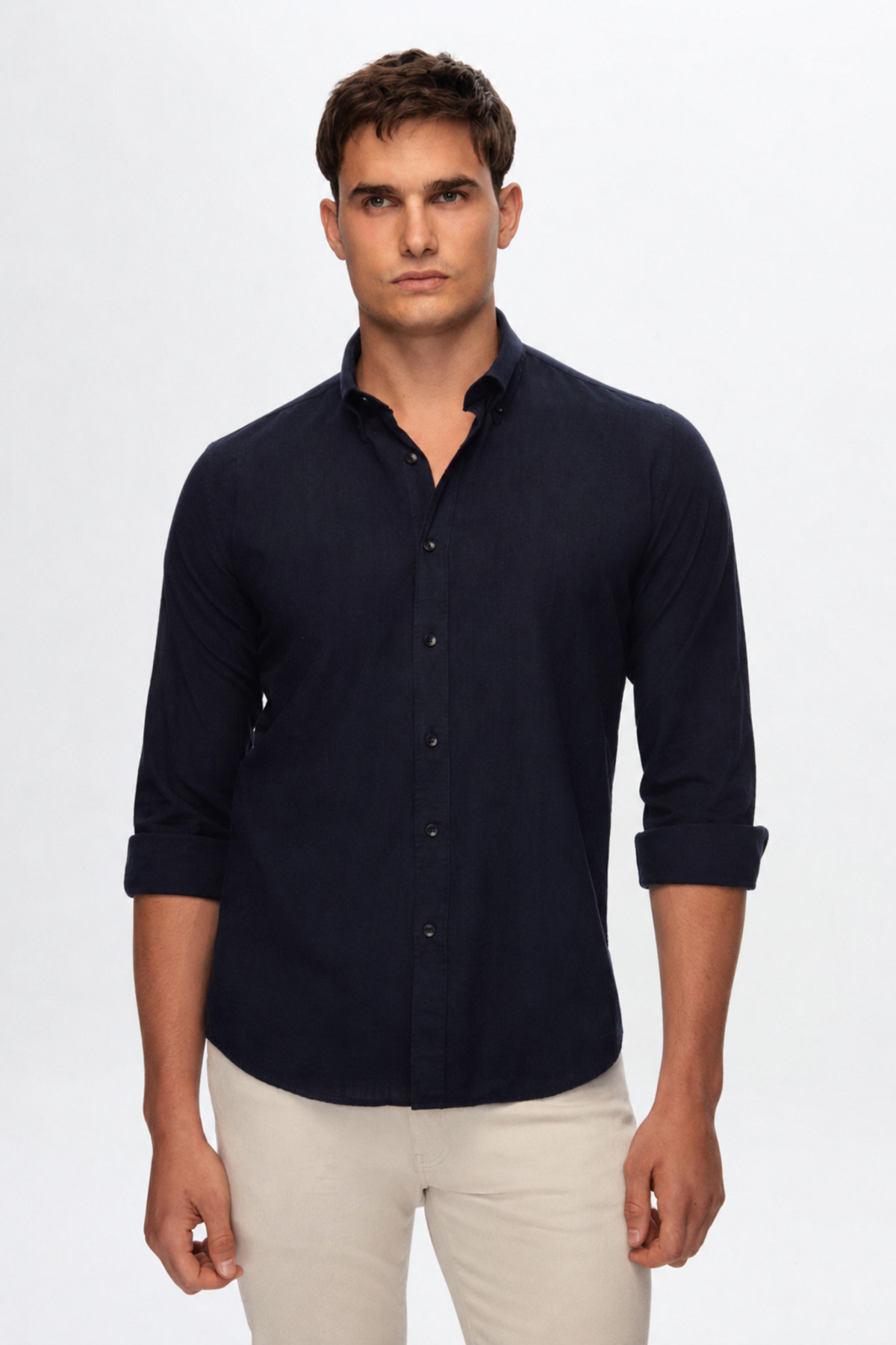 Ds Groom Slim Fit Navy Blue Buttoned Collar 100% Cotton Summer Flamed Linen Look Shirt