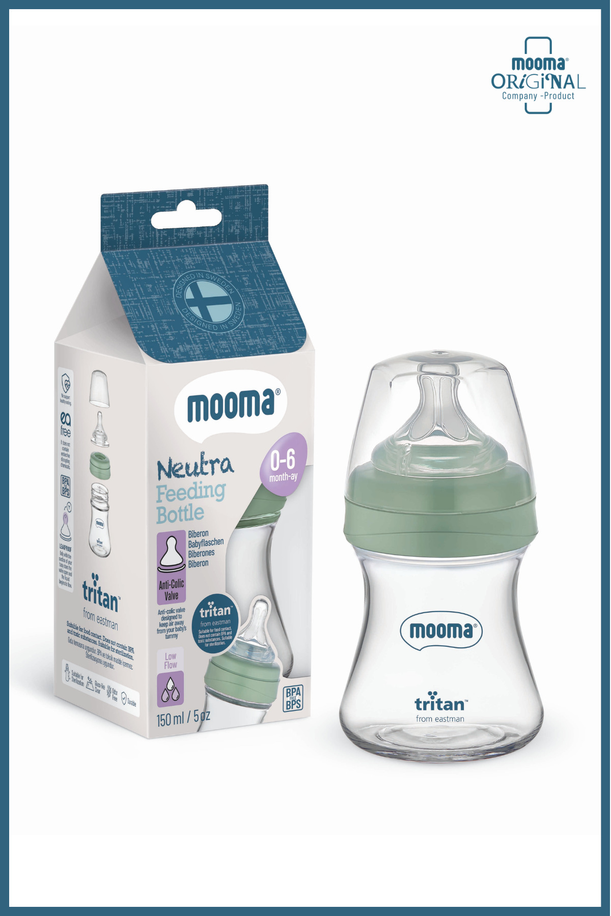 MOOMA Neutra Doğal Tepkili Antikolik Tritan™ Biberon 150 ml 0-6 Ay Yavaş Akış - Sage Green