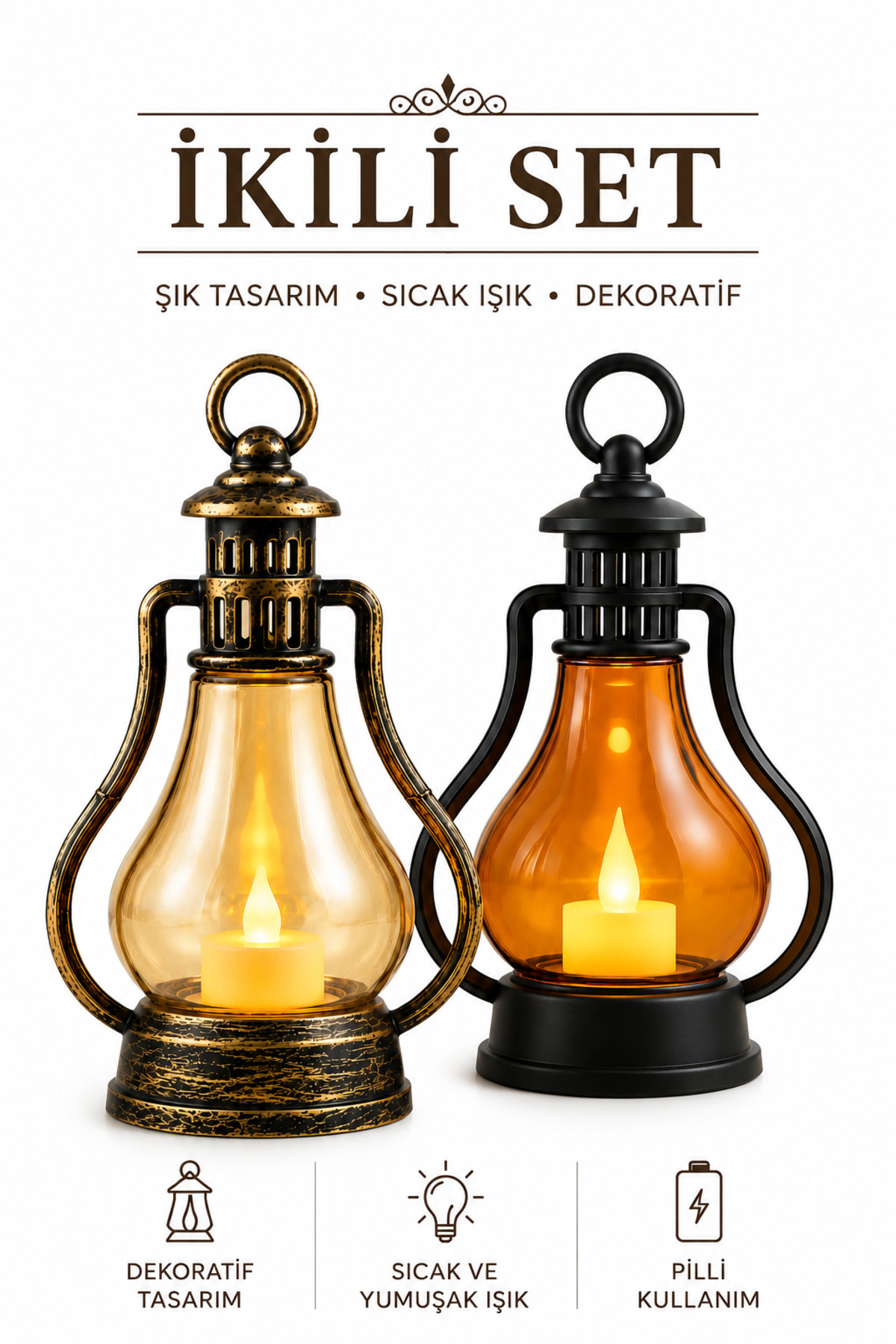 2-Piece led Candle Gas Lamp Type-Retro Vintage Battery-Powered - Decorative Hand Lamp with Smokeless Flame Effect