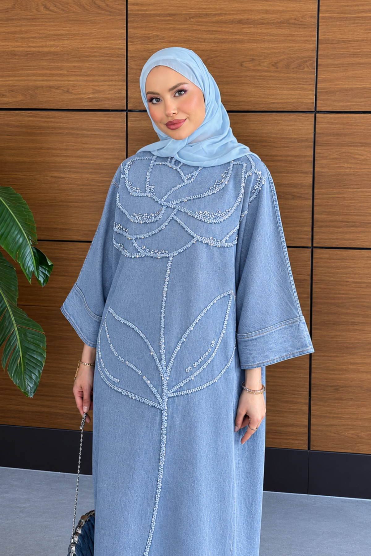 Miss Allos Women's Embroidered Bat Sleeve Denim Dress