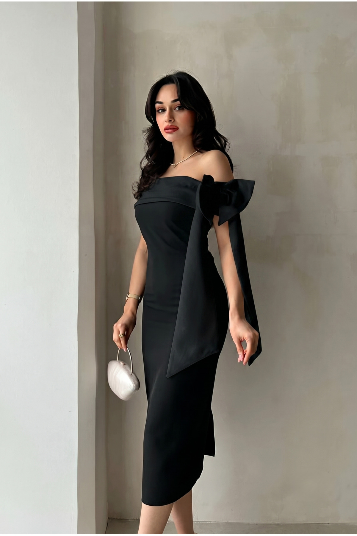 Brianna Black Color Midi Belted Dress