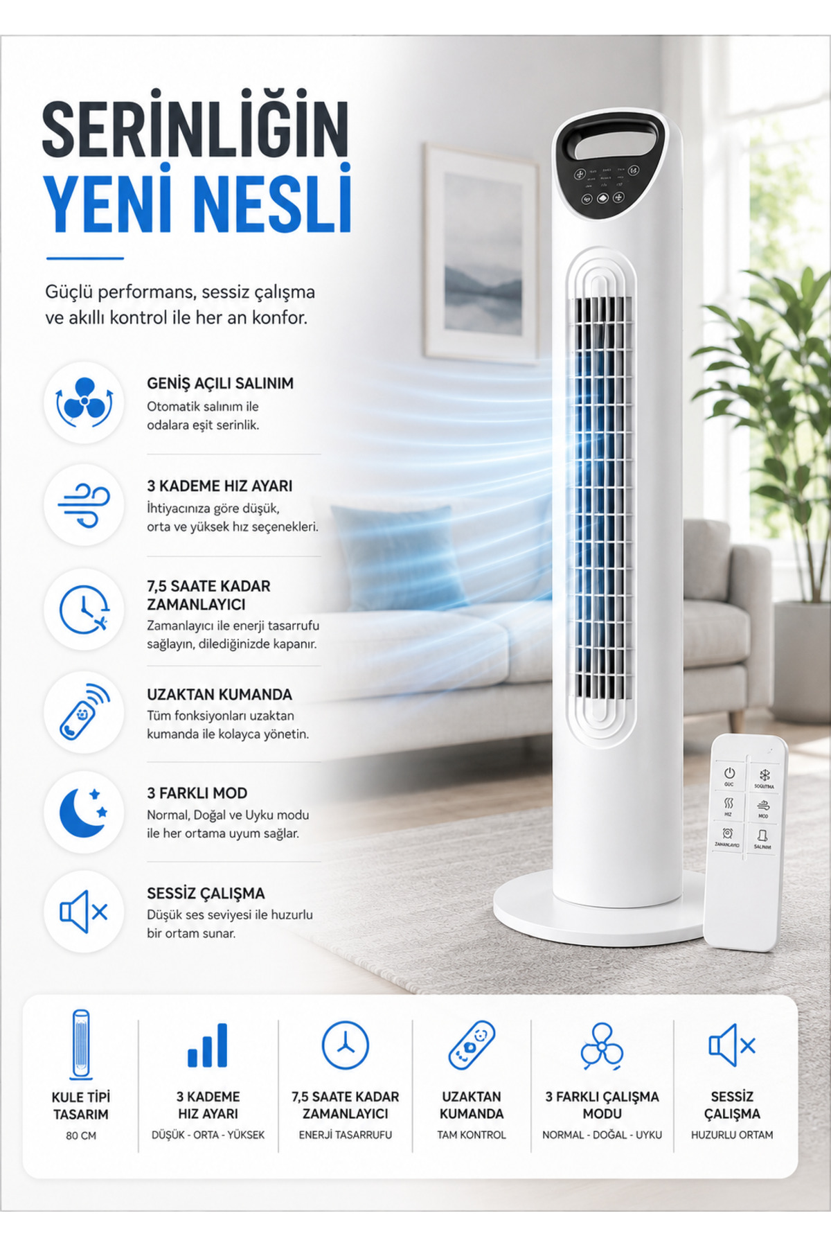 Silent Tower Fan 80cm Remote Control, 3 Speed, Oscillating, Portable Fan