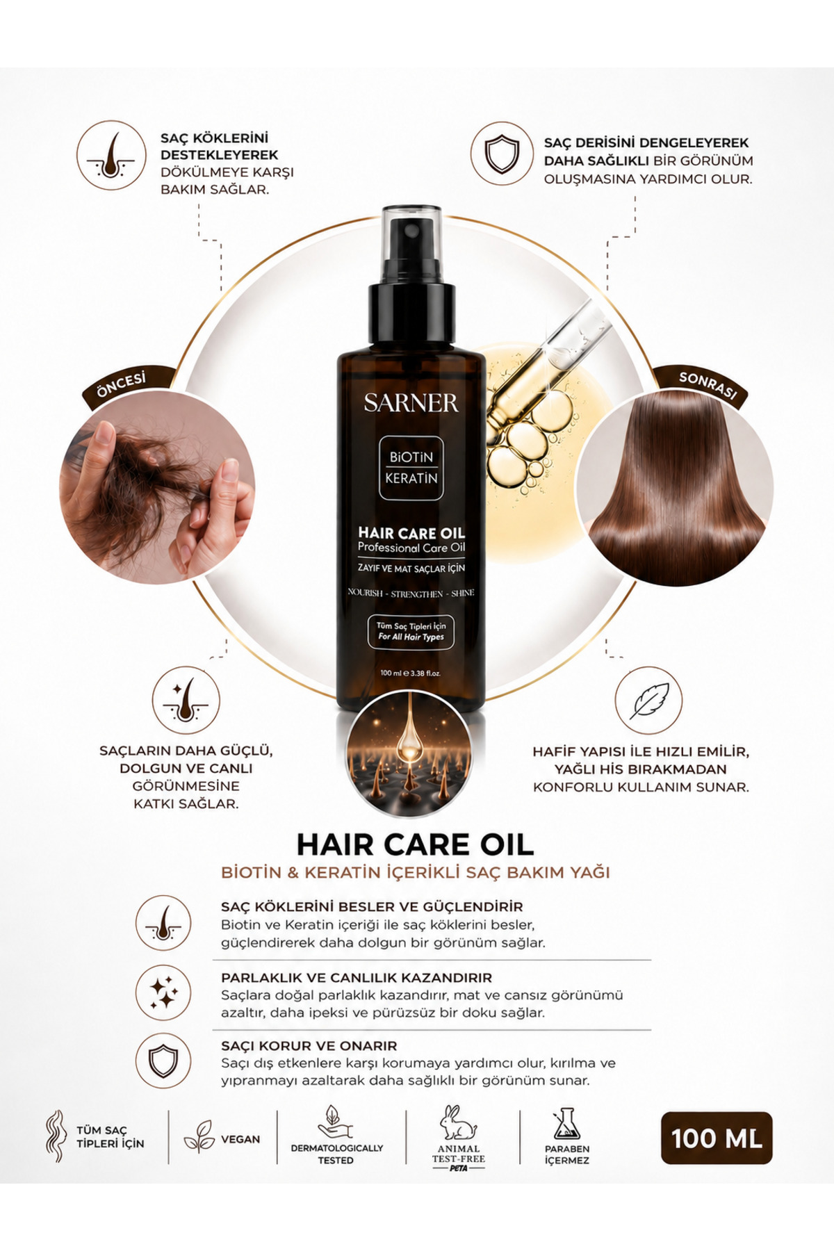 Biotin & Keratin Parlaklık & Güçlendirici & Saç Uzatan & Dökülme Karşıtı Bakım Yağı 100 ML — 8685228606061 — تصویر 2 از 5