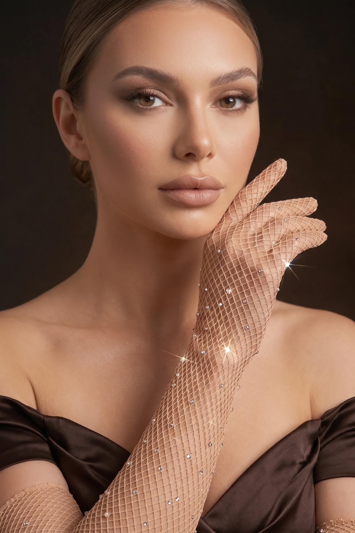 Elegance Scarf Uzun File Taşlı Eldiven Ten Rengi Abiye Davet Gece Parti Söz Kına Nişan Mezuniyet görsel 4