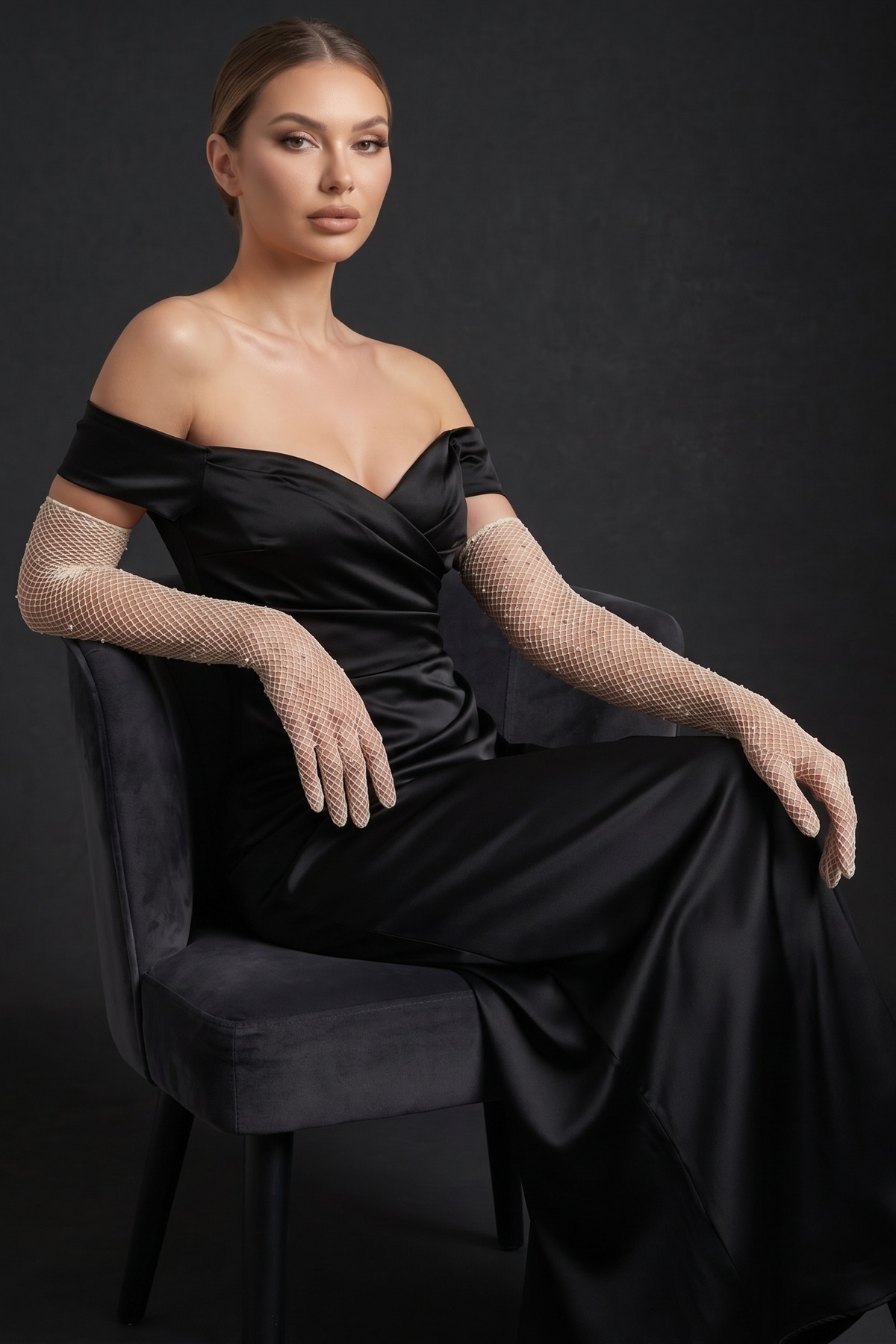Elegance Scarf Uzun File Taşlı Eldiven Kırık Beyaz Nikah Abiye Davet Gece Söz Kına Nişan Mezuniyet görsel 6