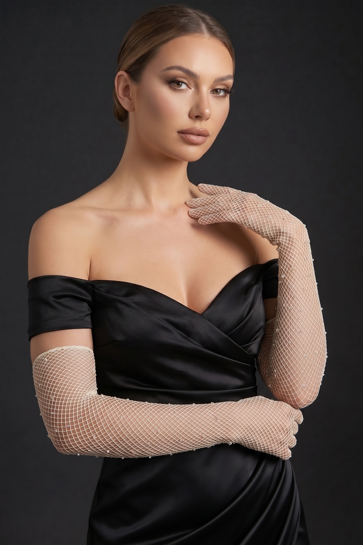 Elegance Scarf Uzun File Taşlı Eldiven Kırık Beyaz Nikah Abiye Davet Gece Söz Kına Nişan Mezuniyet görsel 5