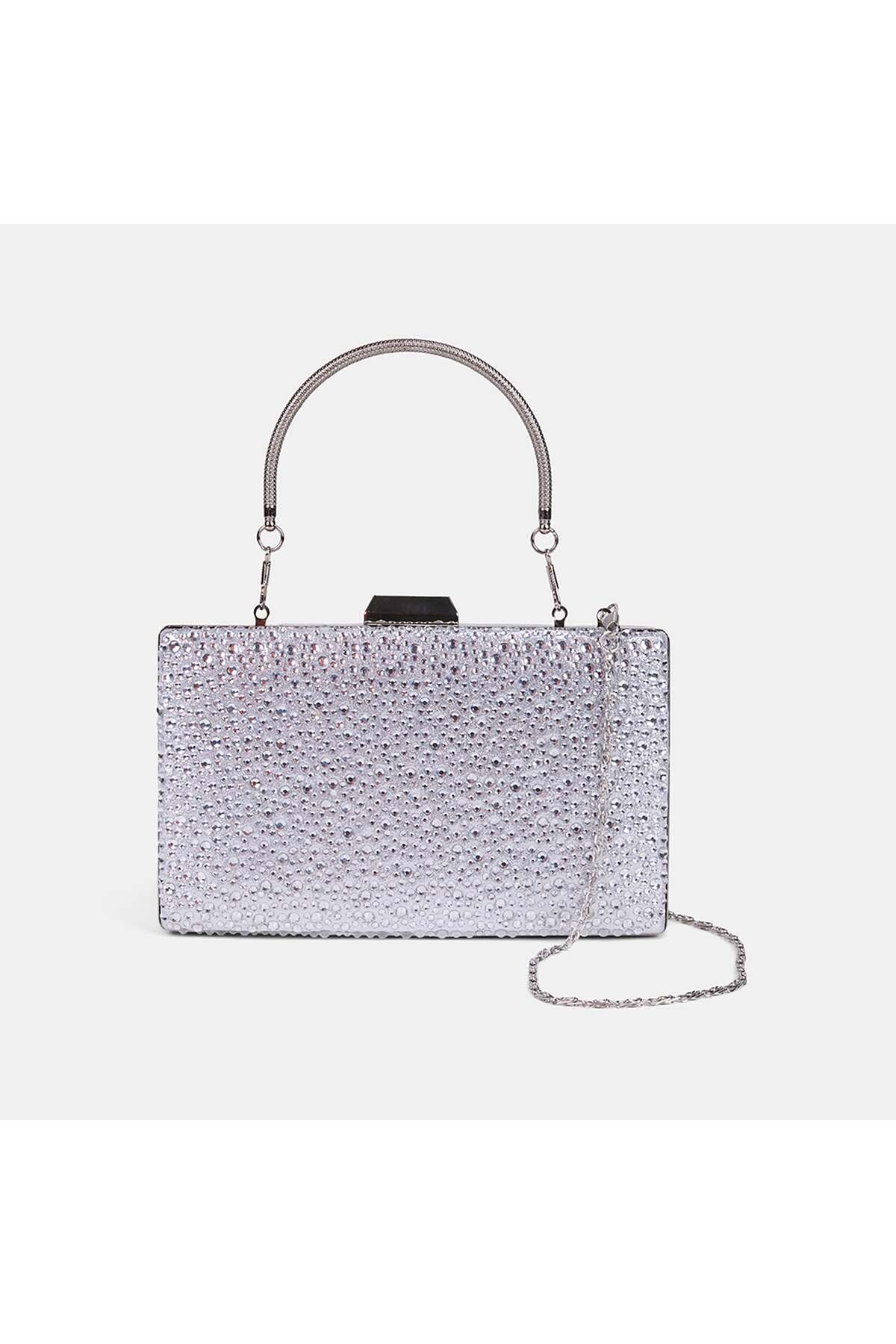 Women's Silver Stone Embroidered Chain Strap Evening Dress Clutch