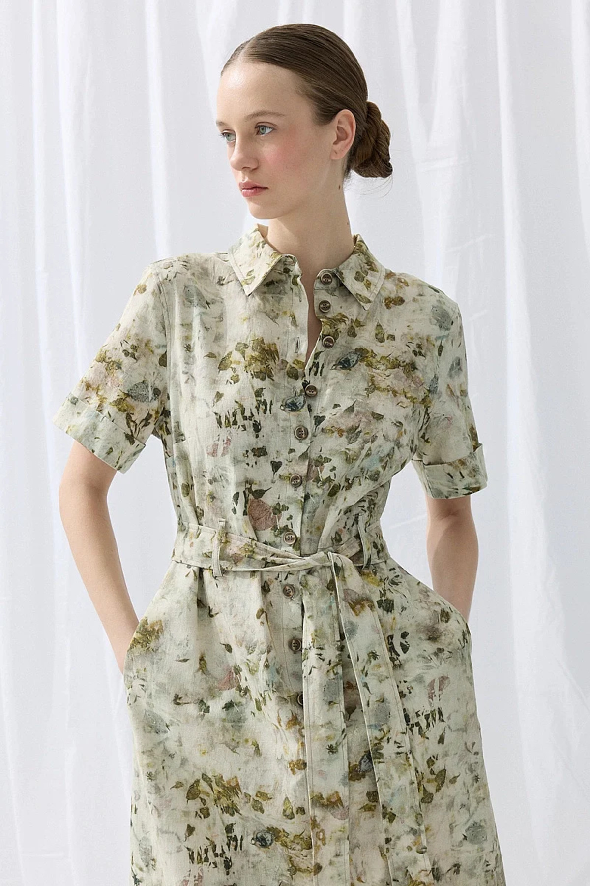 Gusto İz Koleksiyonu Eco Print Keten Midi Gömlek Elbise - Yeşil görsel 3