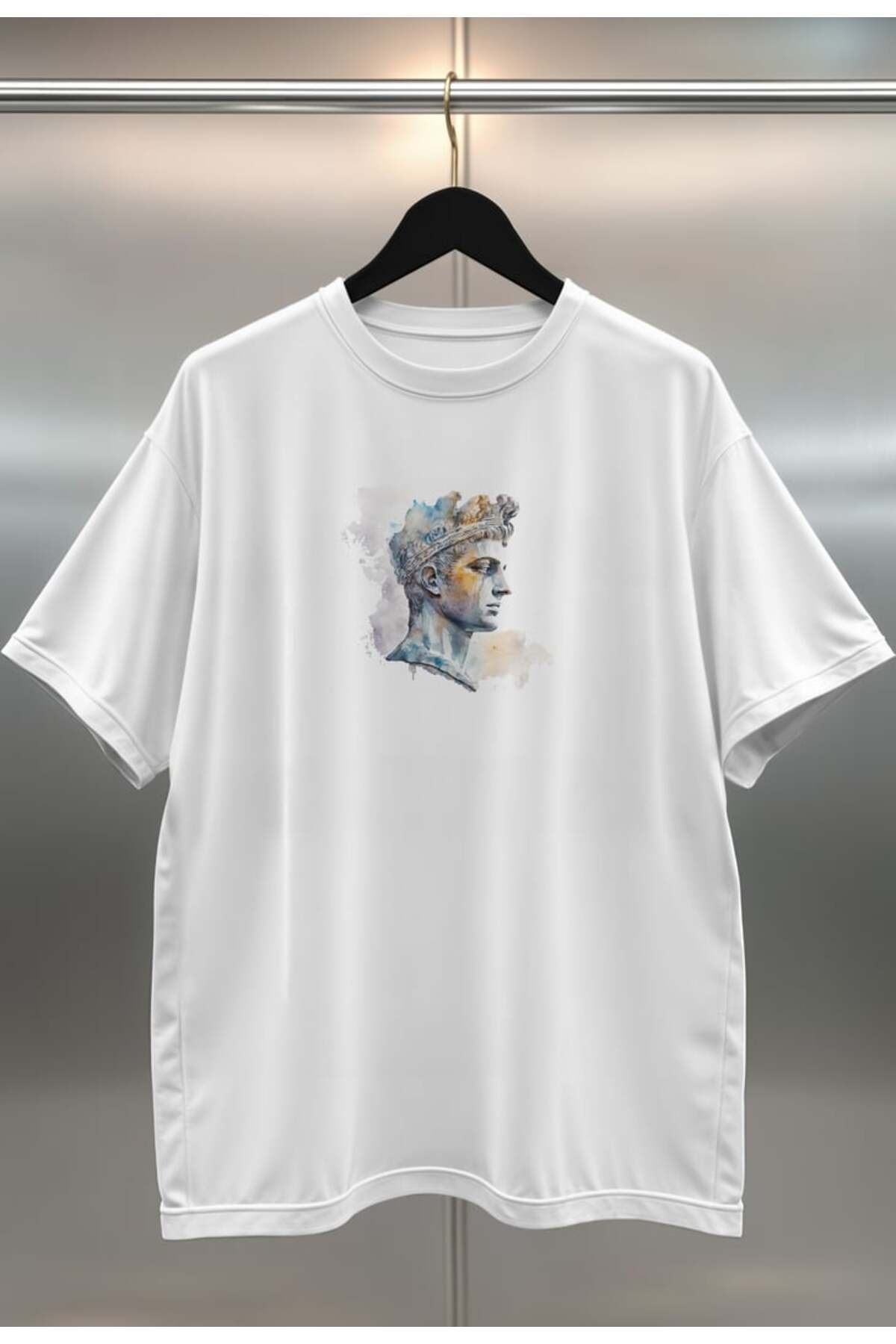 buzagi Sculpture Digital Print Oversize White Unisex T-Shirt
