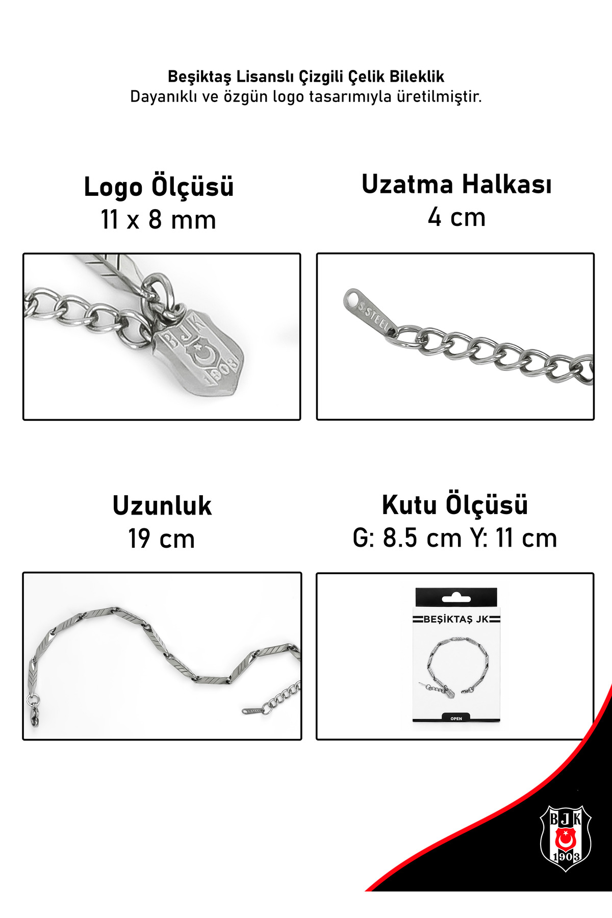 Beşiktaş BJK Logolu Çizgili Ayarlanabilir 19 cm Çelik Bileklik Gri Lisanslı Taraftar Bileklik görsel 3