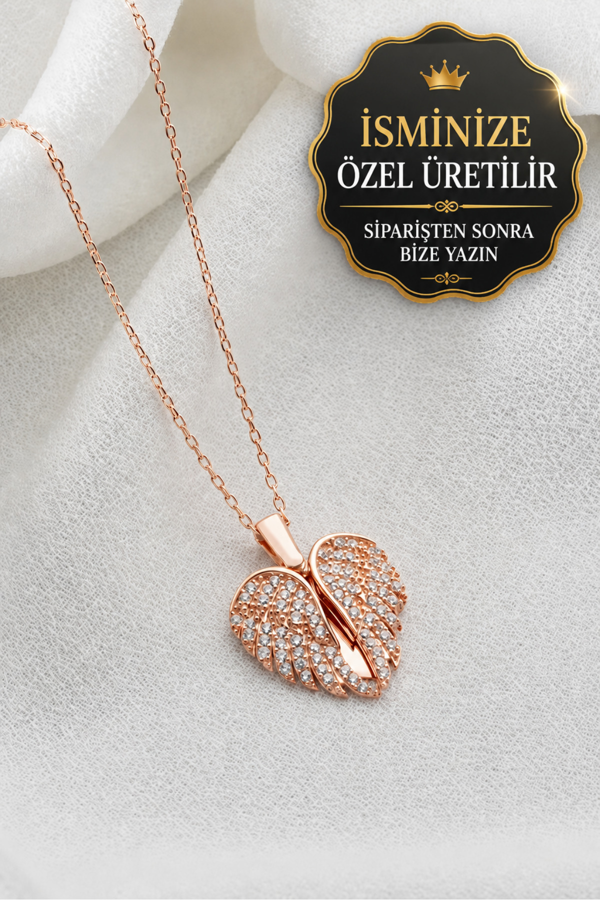 Two Arts Kişiye Özel İsim Yazılabilir Açılır Kapanır Melek Kanadı Kolye | 925 Ayar Gümüş I Rose Gold Kaplama