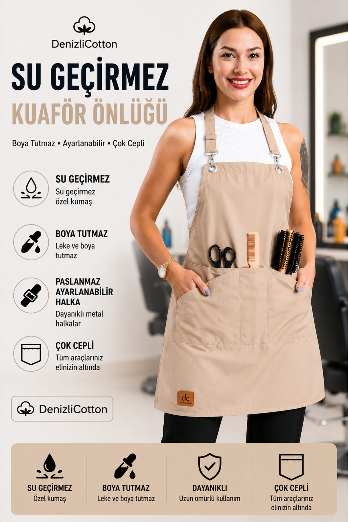 Kua Paint and Stainproof Waterproof Stainless and Adjustable Ring Beige Hairdresser Apron