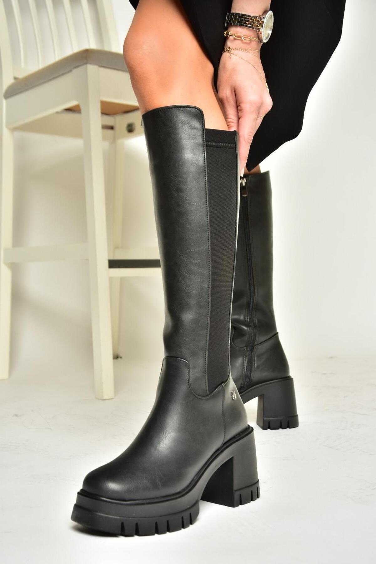 Fox Shoes T973390009 Siyah Kalın Topuklu Kadın Çizme