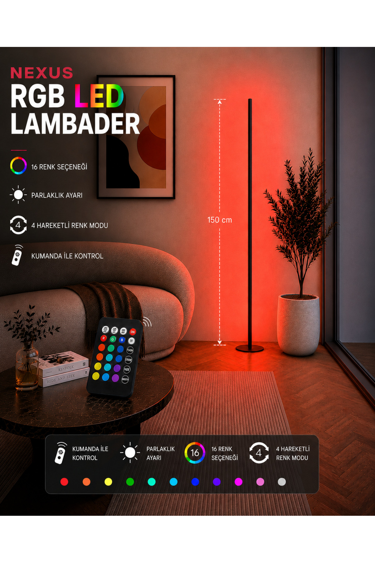 Nexus Rgb Stick Led Floor Lamp Full Color Remote Control Lighting System Dimmable 150 Cm