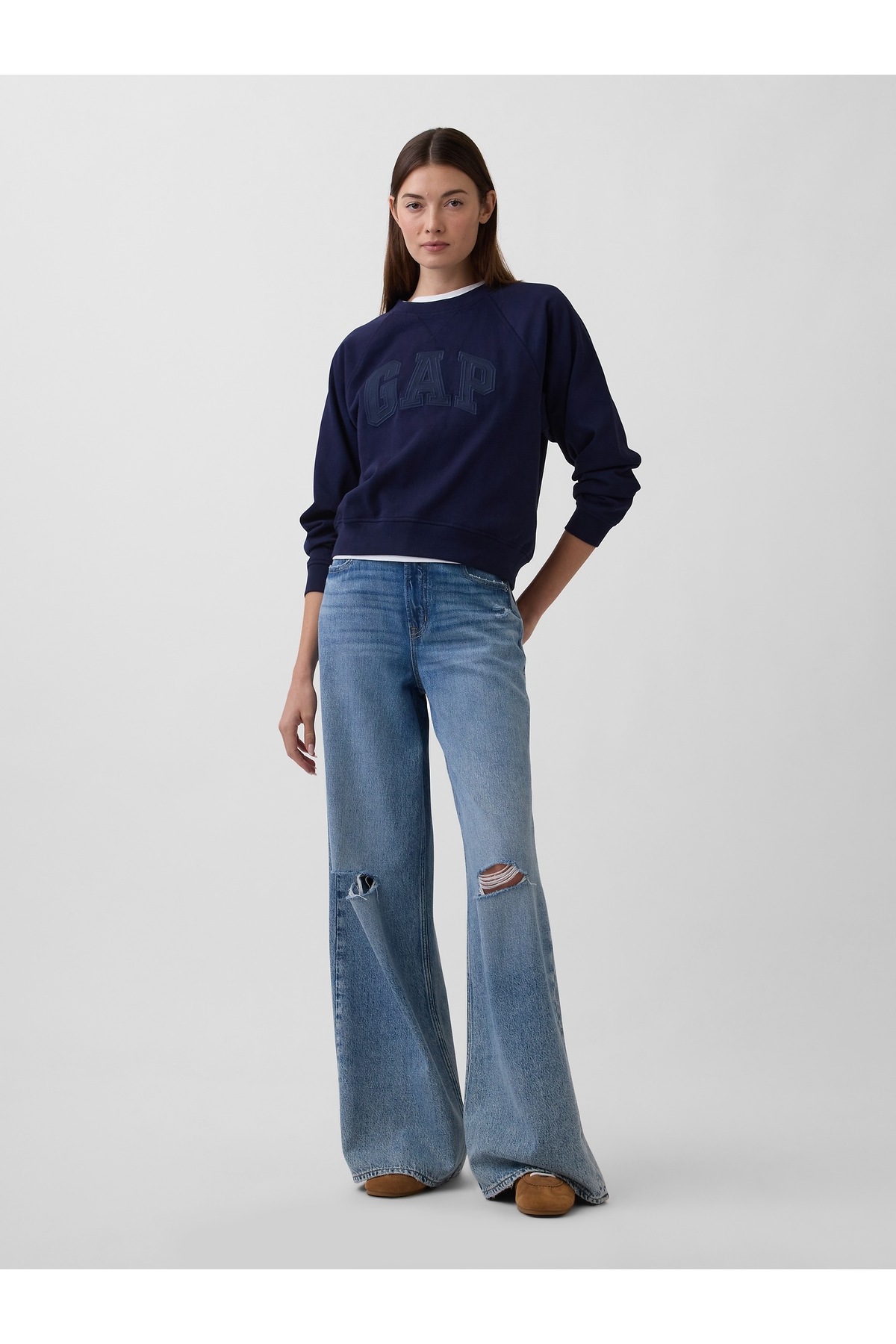 GAP  Kadın Lacivert Fransız Havlu Kumaş Raglan Logo Sweatshirt - Görsel 4