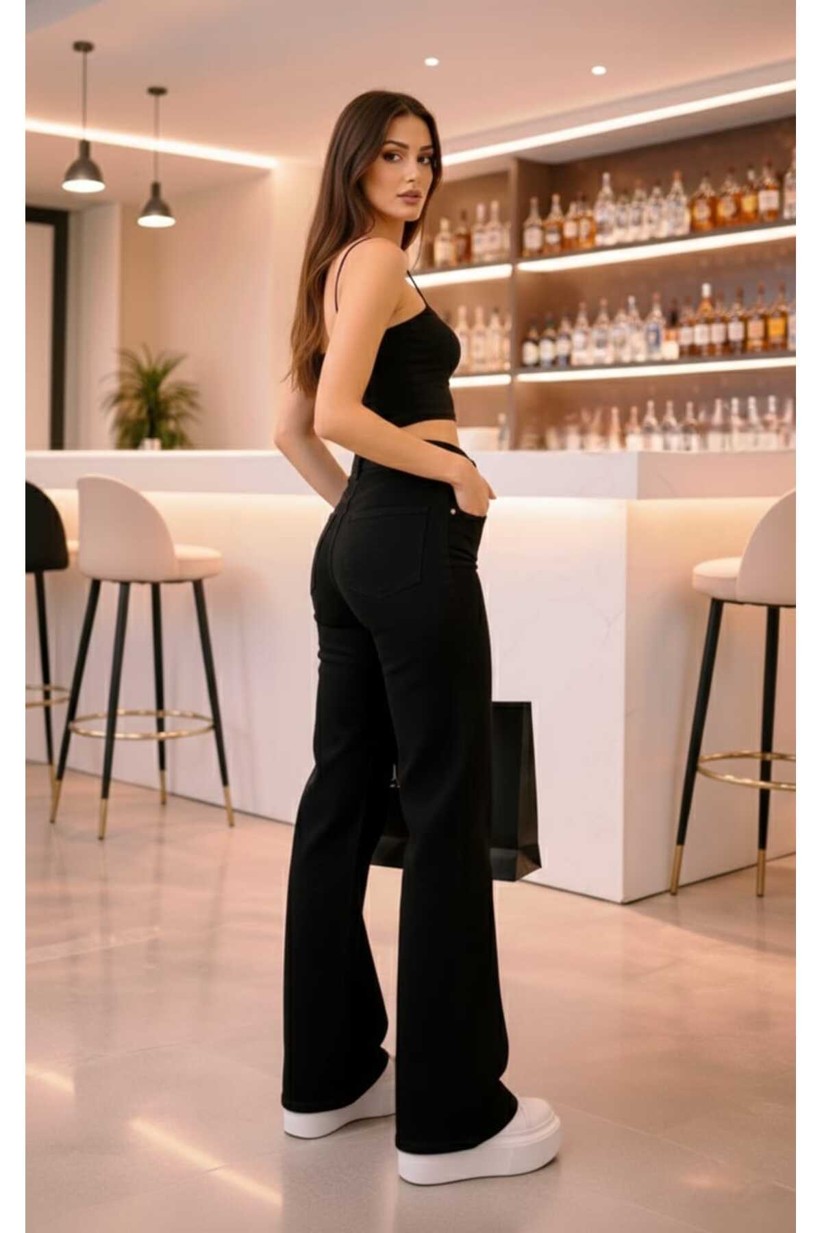 LİMABEL Yüksek Bel Siyah Kot Pantolon Siyah Salaş Jeans Likralı Esnek Palazzo görsel 3