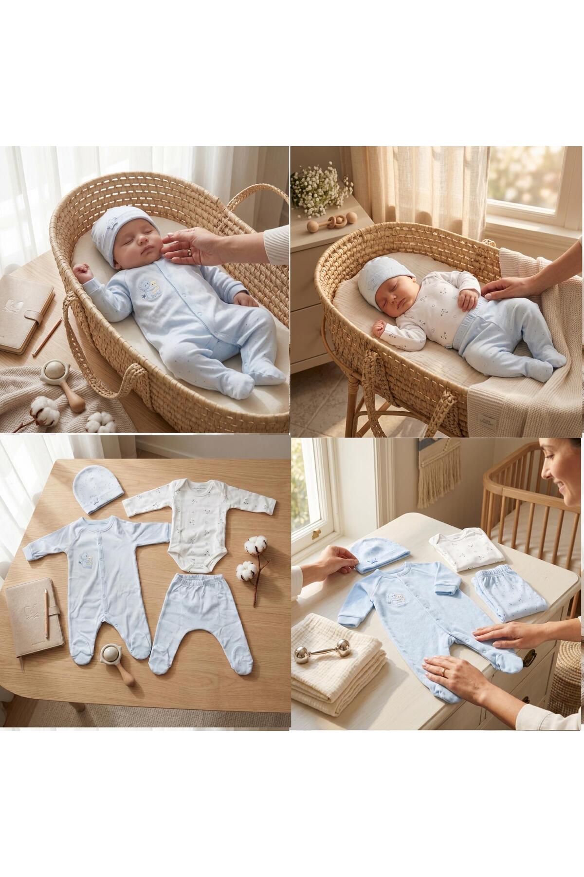 Starry Teddy Bear Newborn Baby Boy 4pcs Set in Altıntaş Baby Special Box 0-3 Months