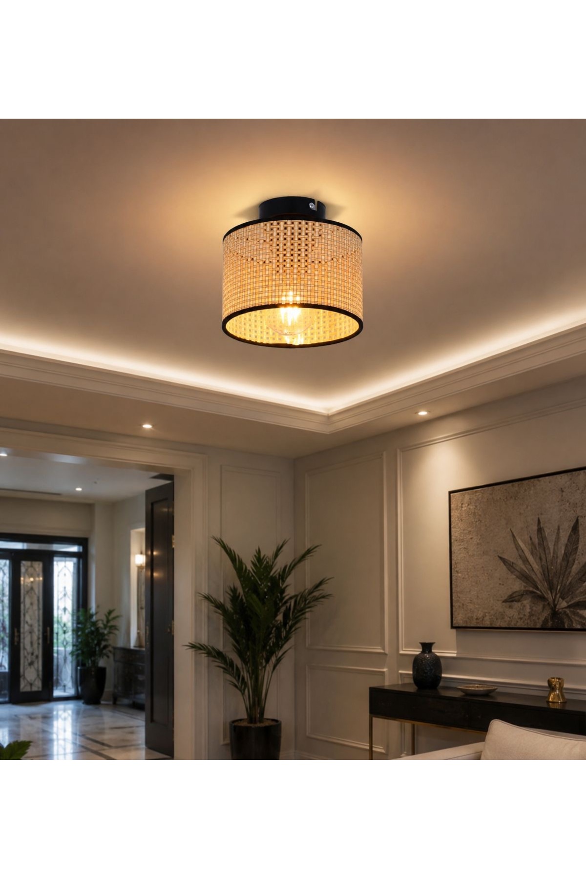 Modern Zero-Ceiling Rattan Scandinavian Natural Hazeran Single Chandelier