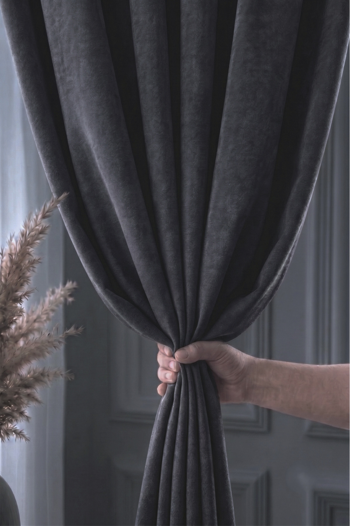 Anthracite Velvet Textured Background Curtain SINGLE WING 1/2 SPARSE PLEAT Plain Plain Suitable for Every Room