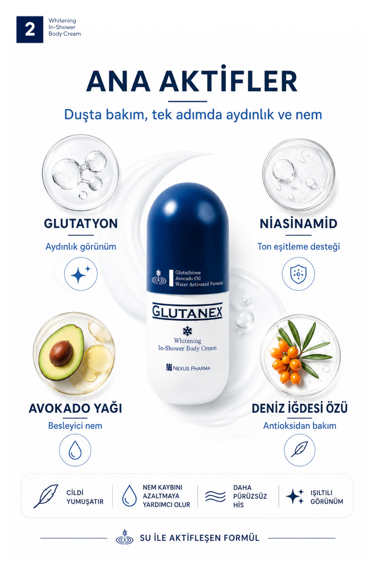 Duşta Vücut Kremi | Cilt Tonu Eşitleyici Bakım | Glutatyon, Avokado Yağı & Niasinamid İçerikli | In Shower Body Cream | 300 ml — Glutanex014 — تصویر 4 از 7