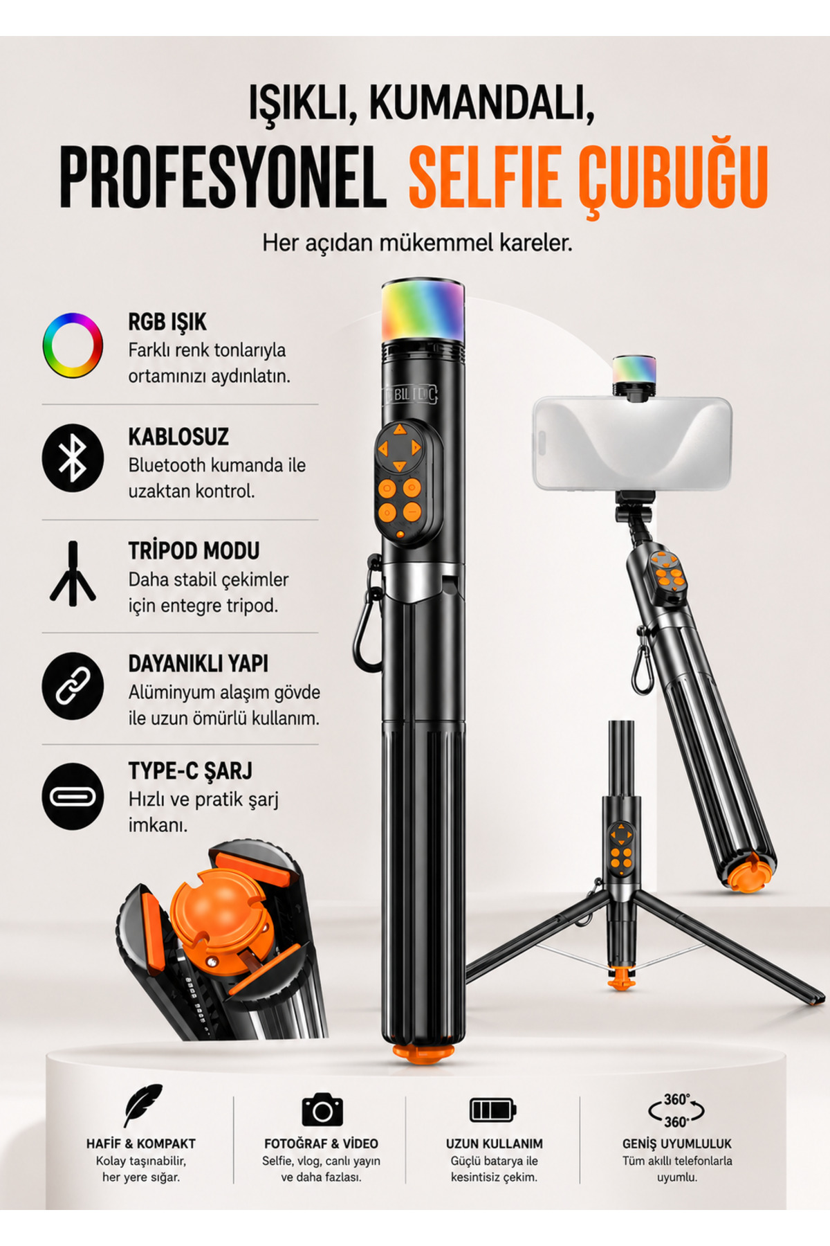 Auto Power On/Off RGB LED Light Selfie Stick with Bag, Bluetooth Phone Stand 1.59 m Aluminum Body Tripod