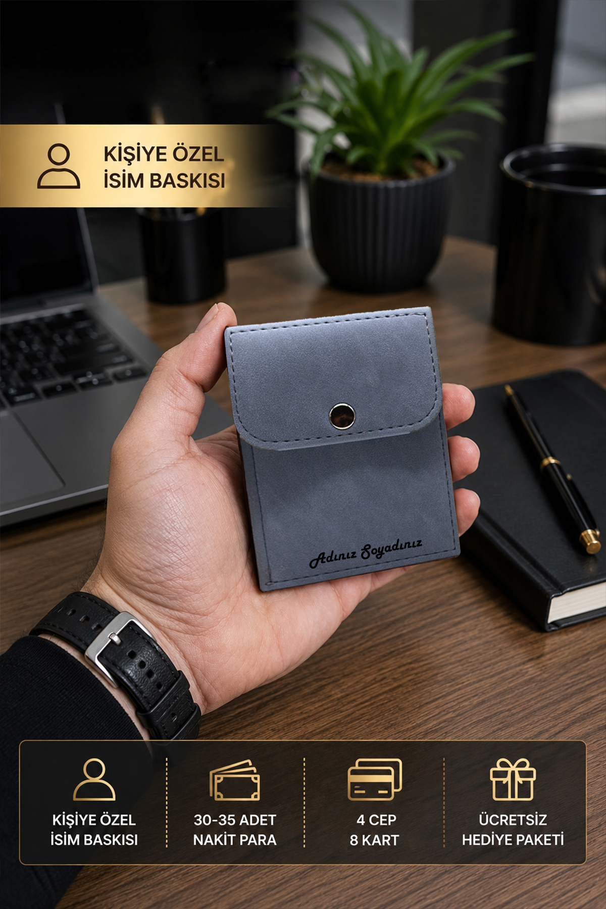Morika Hotel & Home Textile Kişiselleştirilebilir Özel Tasarım Süet Suni Deri Erkek/Kadın Unisex Cüzdan - Lacivert