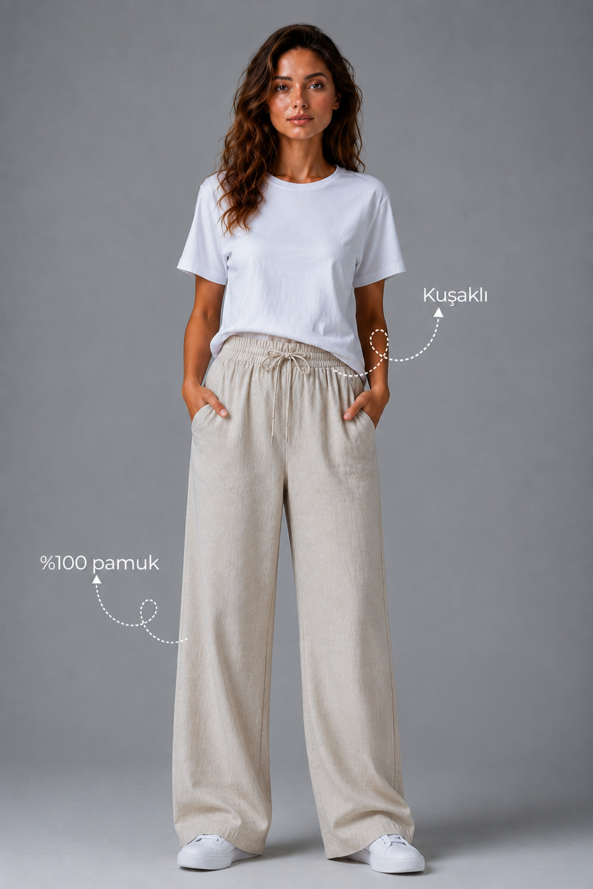 Denvy Denim Kadın Ekru %100 Pamuk Müslin Kumaş Kuşaklı Palazzo Pantolon görsel 3