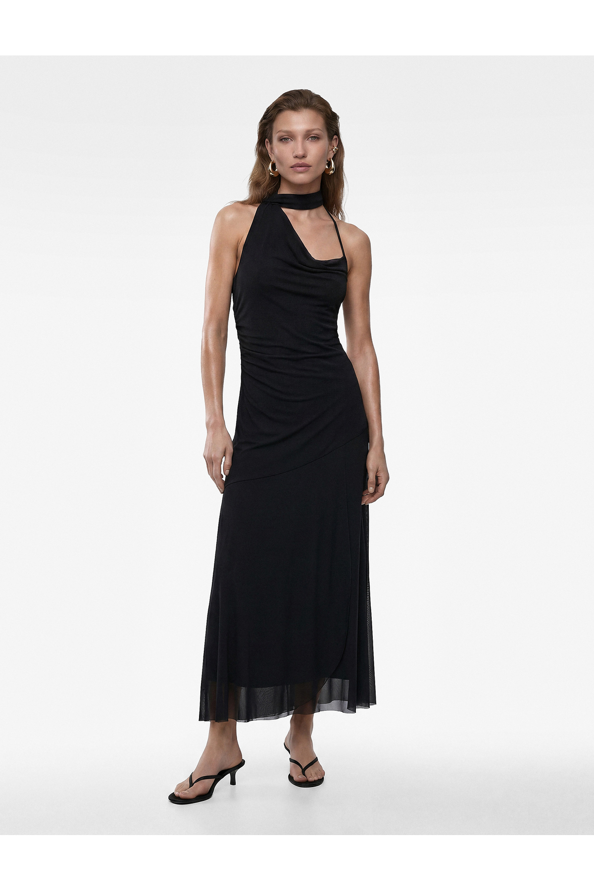 Slim Fit Fular Detaylı Asimetrik Kesim Askılı Tek Omuz Midi Tül Elbise