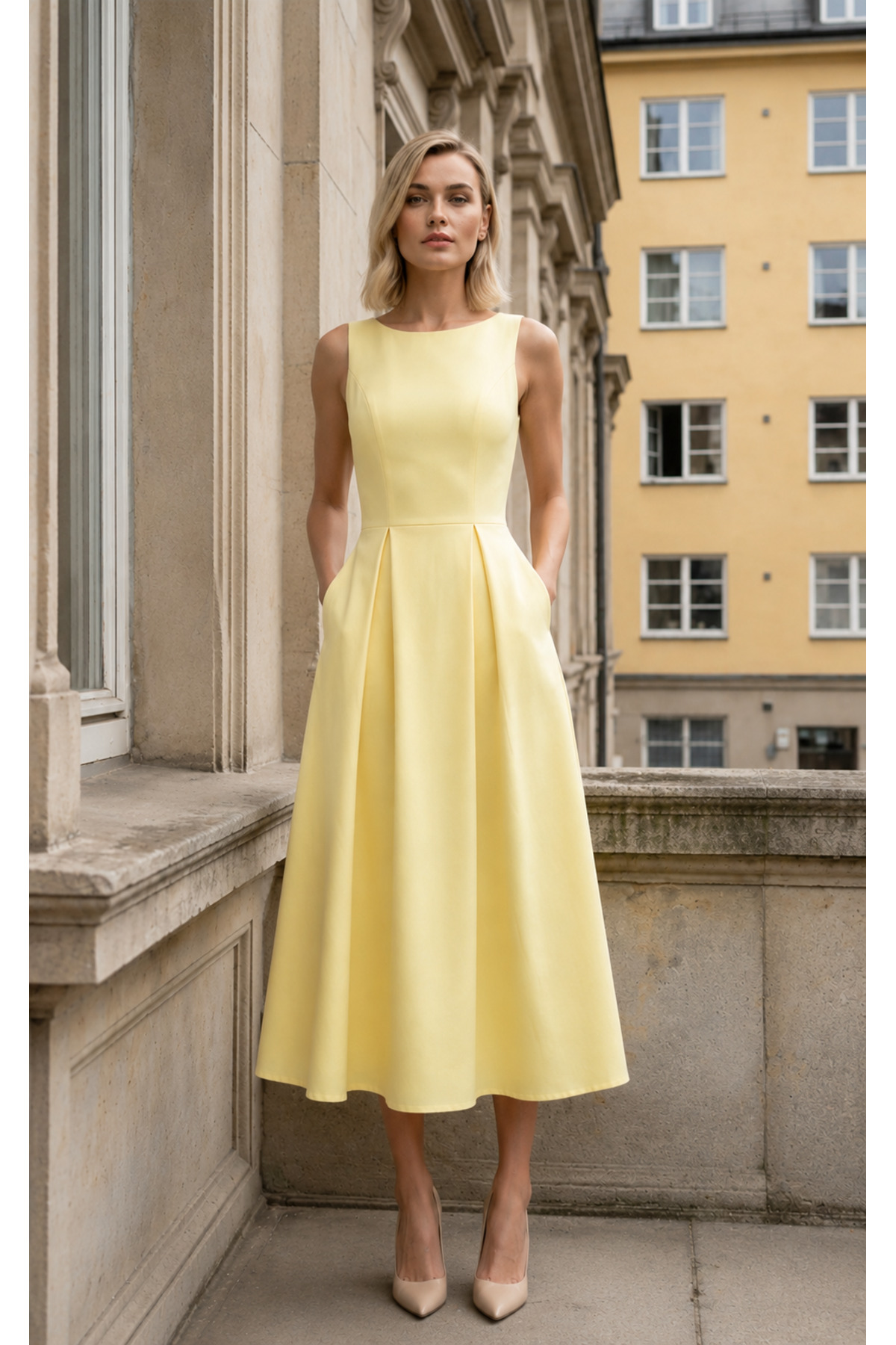 merlavin Slim Fit Yellow Sleeveless Crew Neck Crepe Textured Hürrem Fabric Waist-Fitted Midi Dress