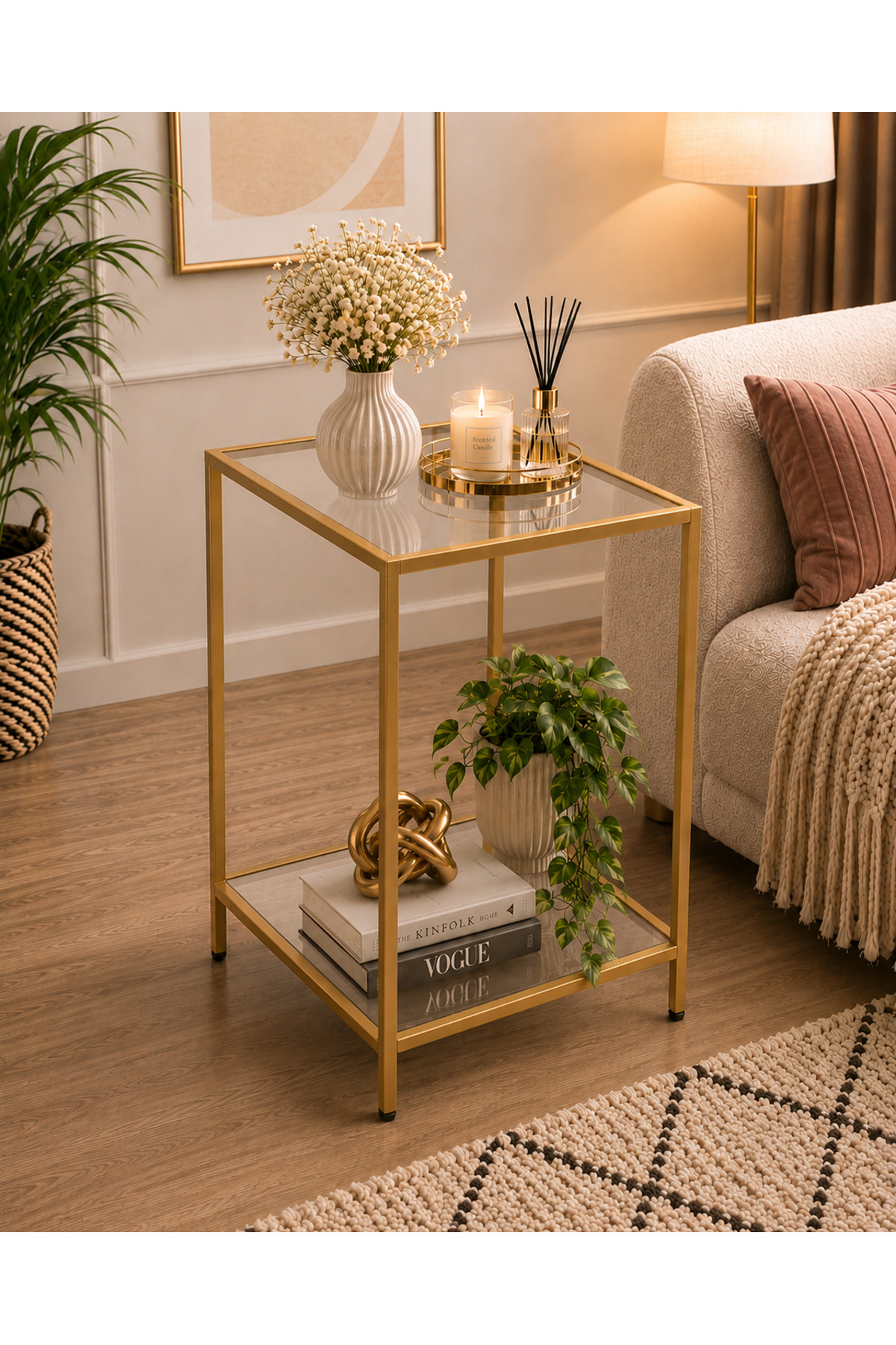 VELMARK Modern Loft Style 2-Tier Coffee Table with Clear Glass – Side Table with Gold Metal Body