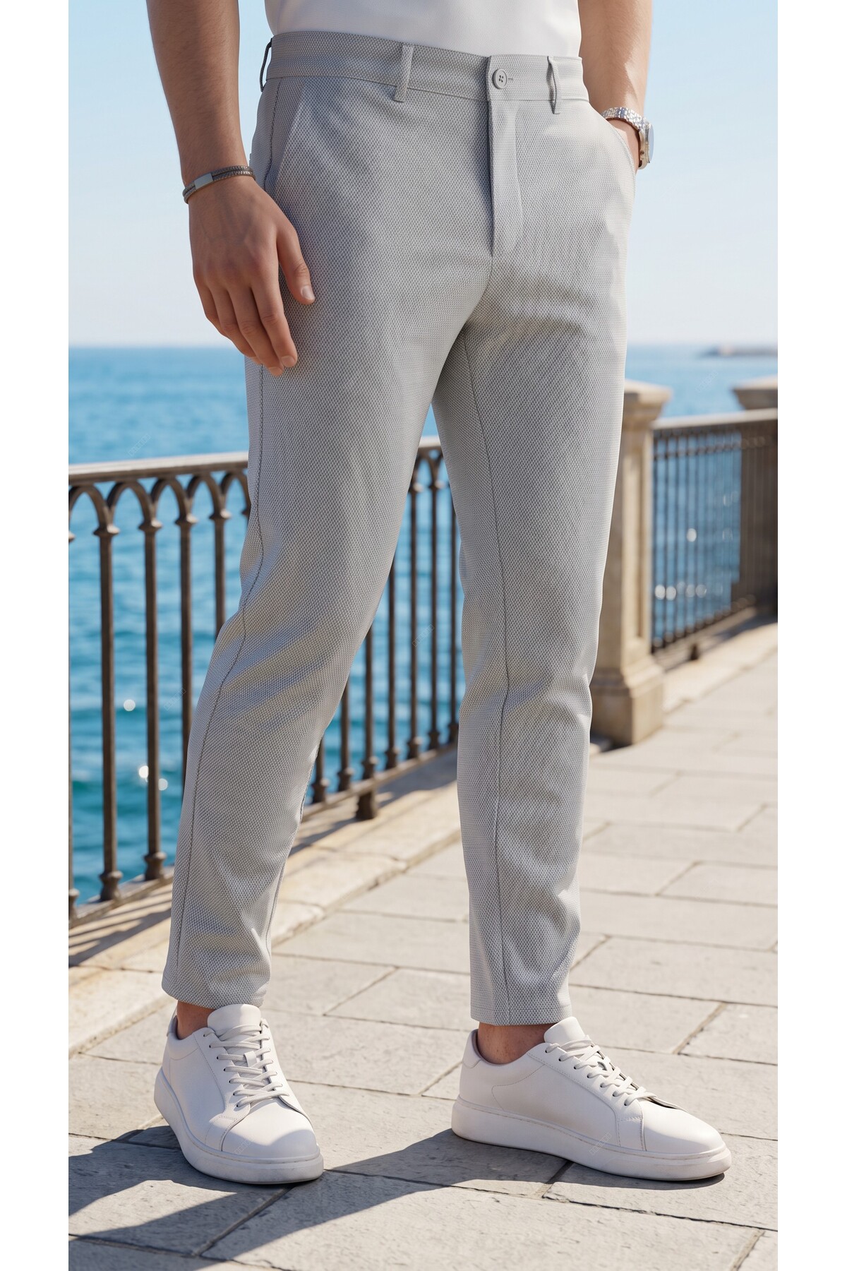 Gussi Erkek Gri Renk Kaliteli Esnek Likralı Slim Fit Keten Pantolon görsel 3