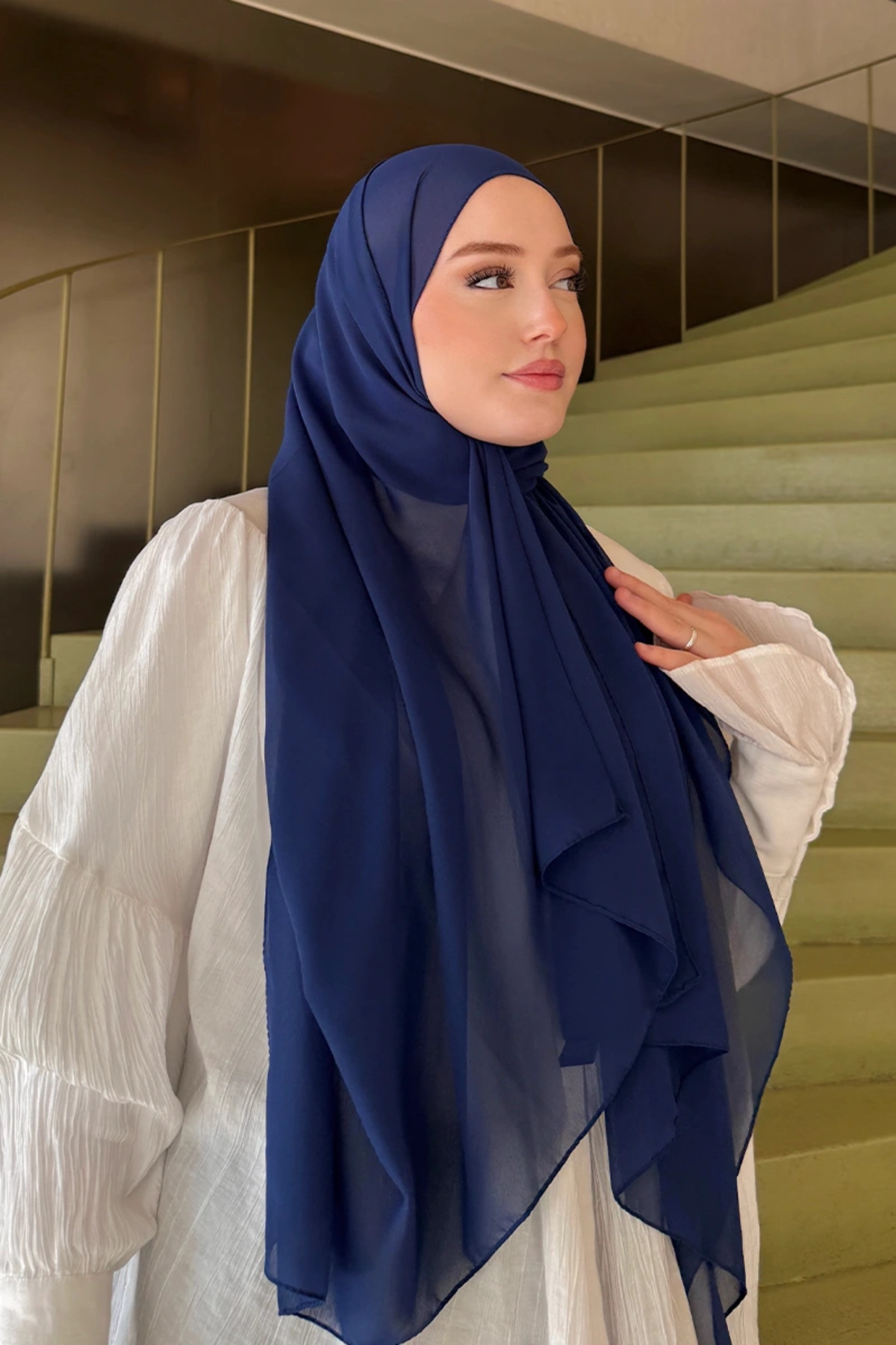 Madame Polo Krep Şifon Şal - Lacivert görsel 4