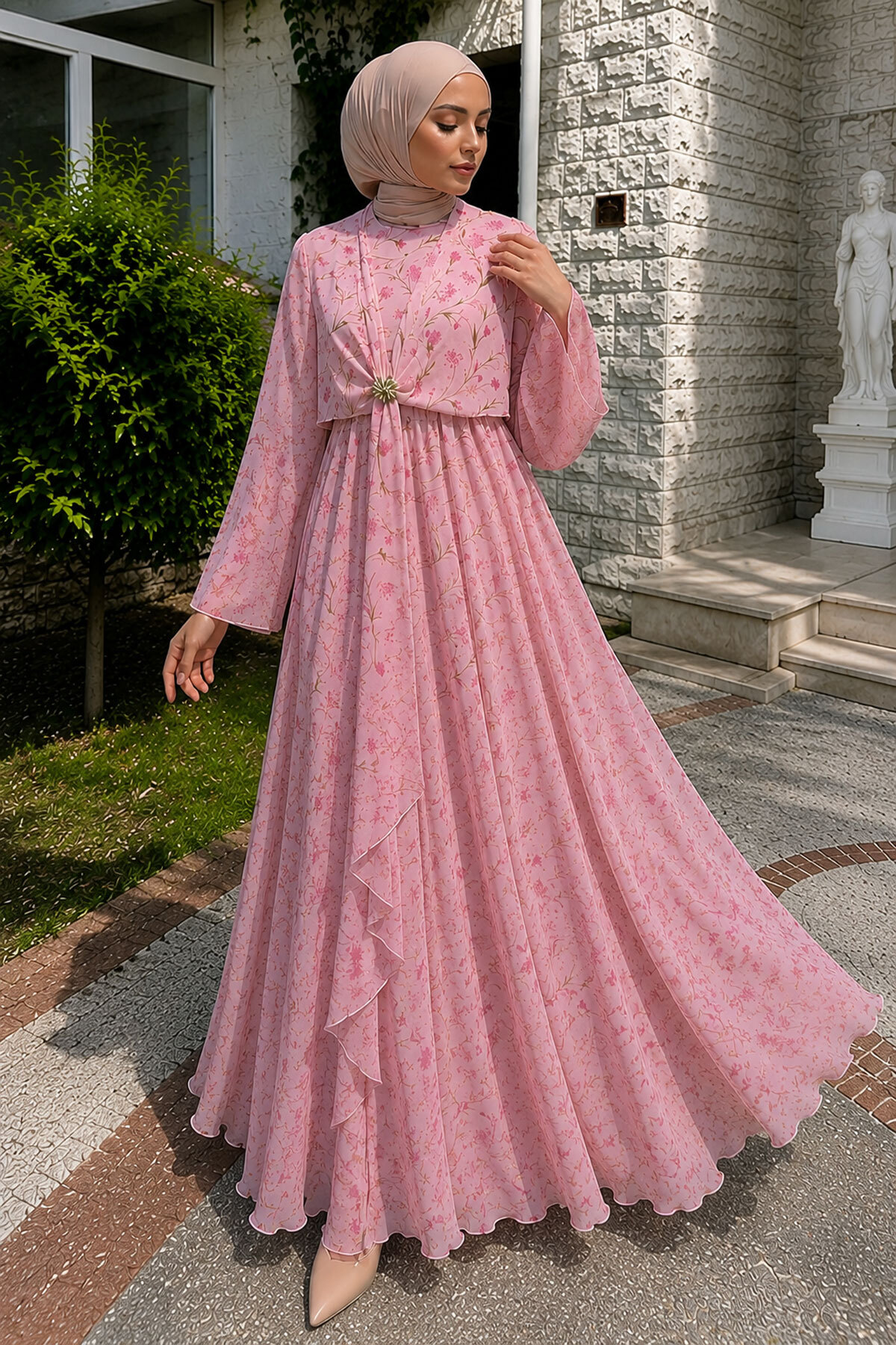 Tesettür Dünyası Çiçek Desenli Tokalı Şifon Elbise TSD260256 Pembe görsel 3