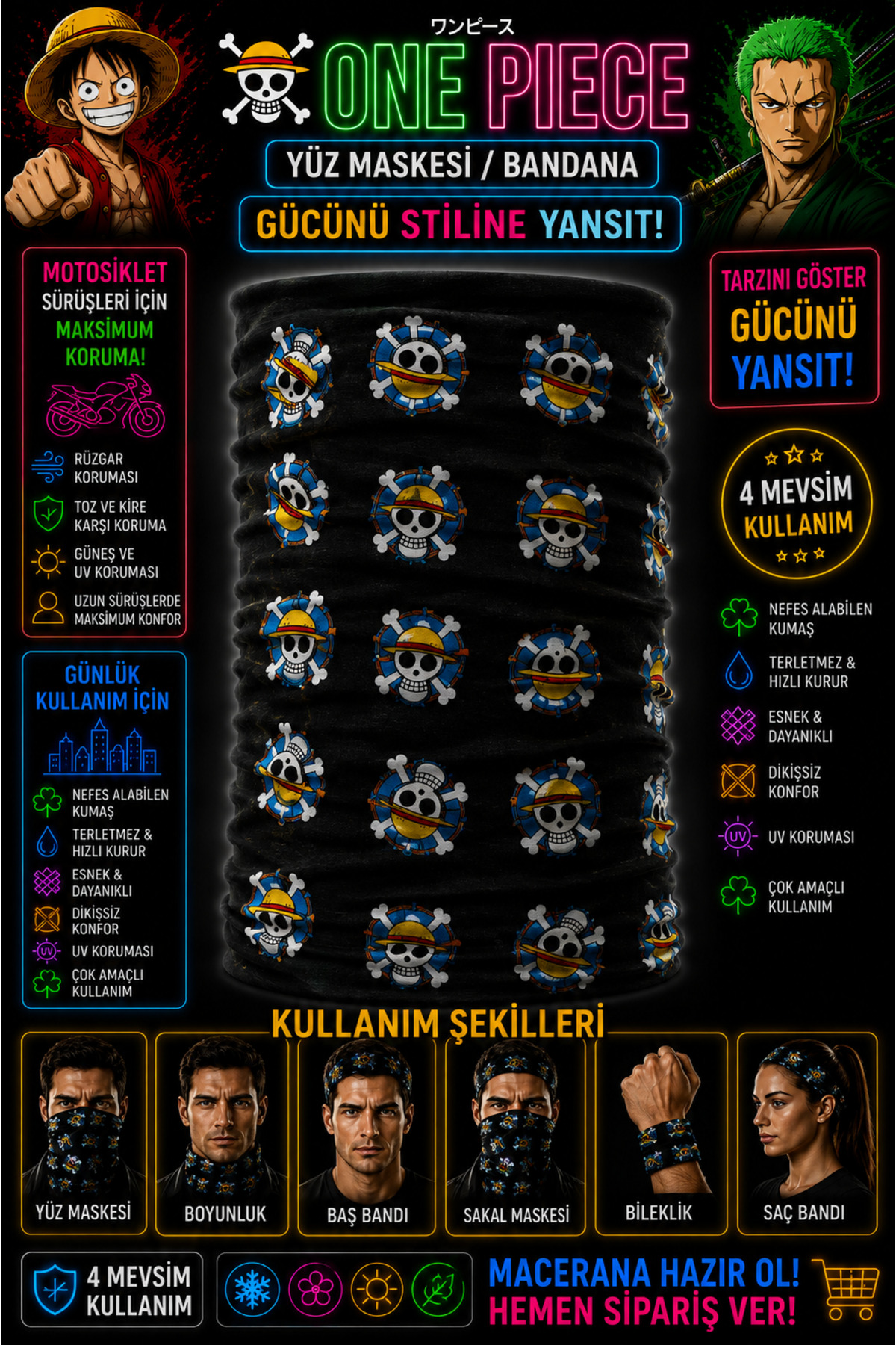 FG KONNİCHİWA One Piece Baskılı Bandana Anime Yüz Maskesi ve Boyunluk ve Günlük ve Motosiklet Kullanımı UV Korumalı Çok Amaçlı Boyunluk görsel 3